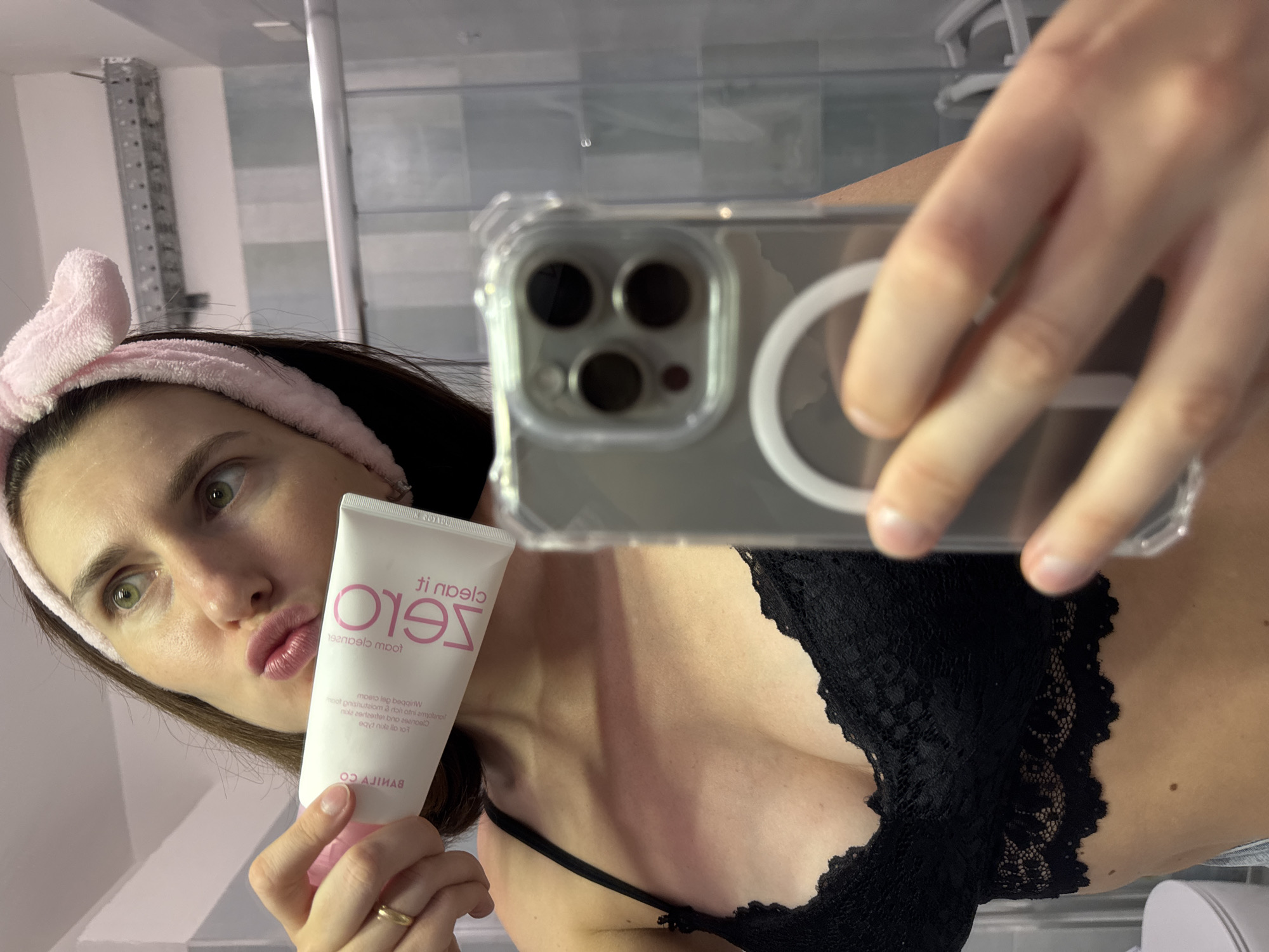 Sicily bathroom morning routine with skincare selfies and product shots