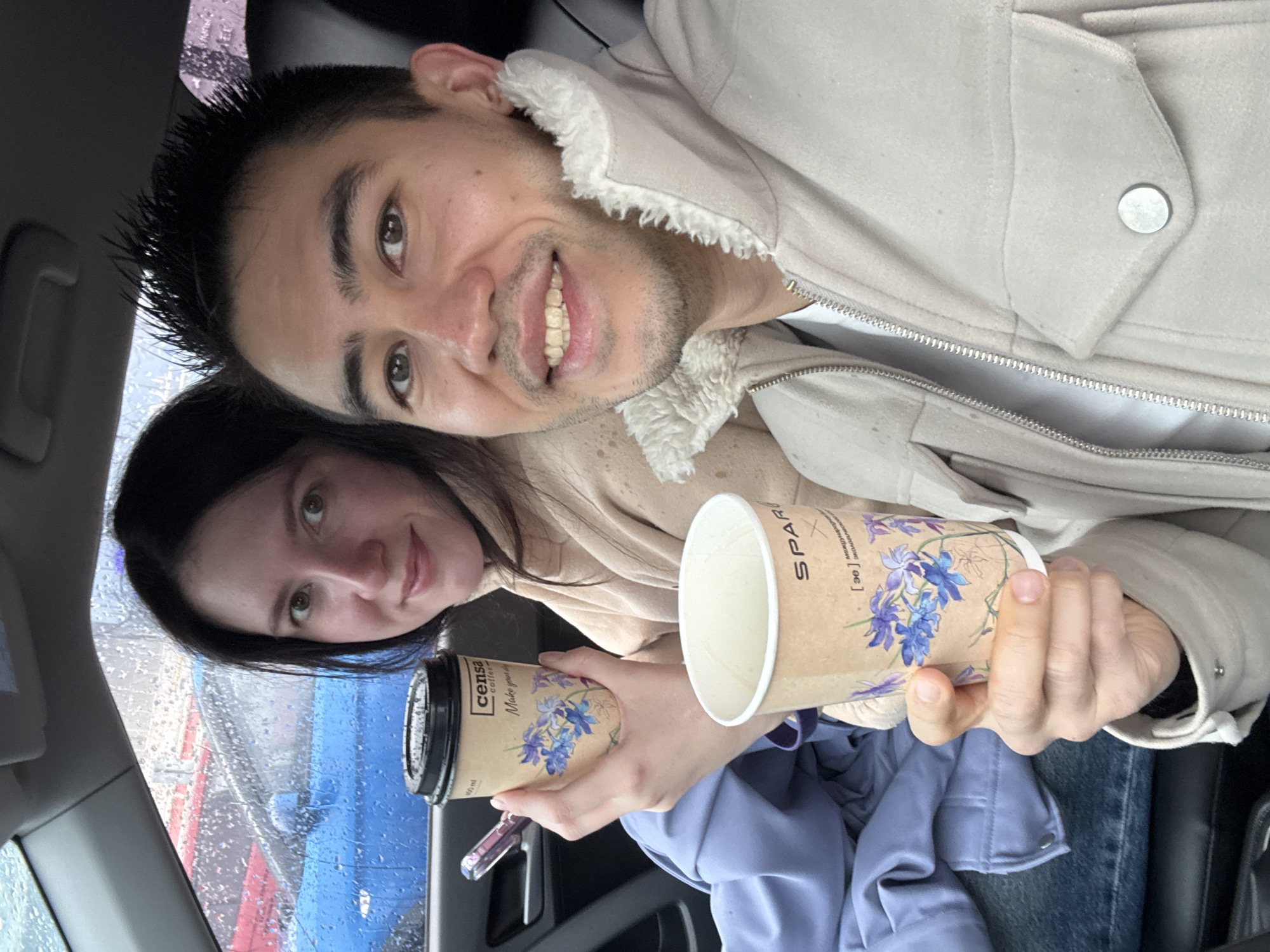 Coffee break shared in car during Kazan rainstorm