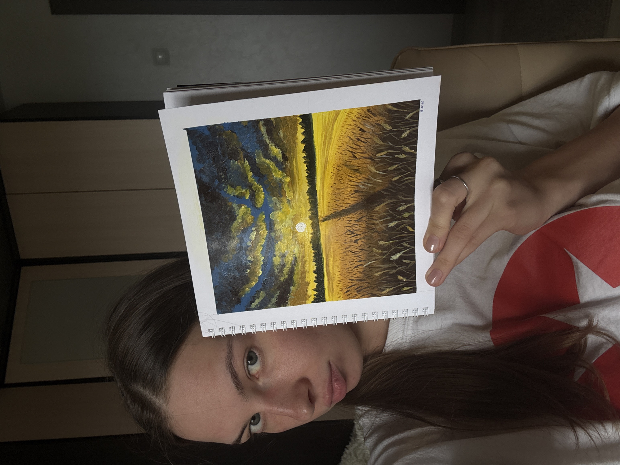 Artist documents sunset wheat field paintings in Perm bedroom studio