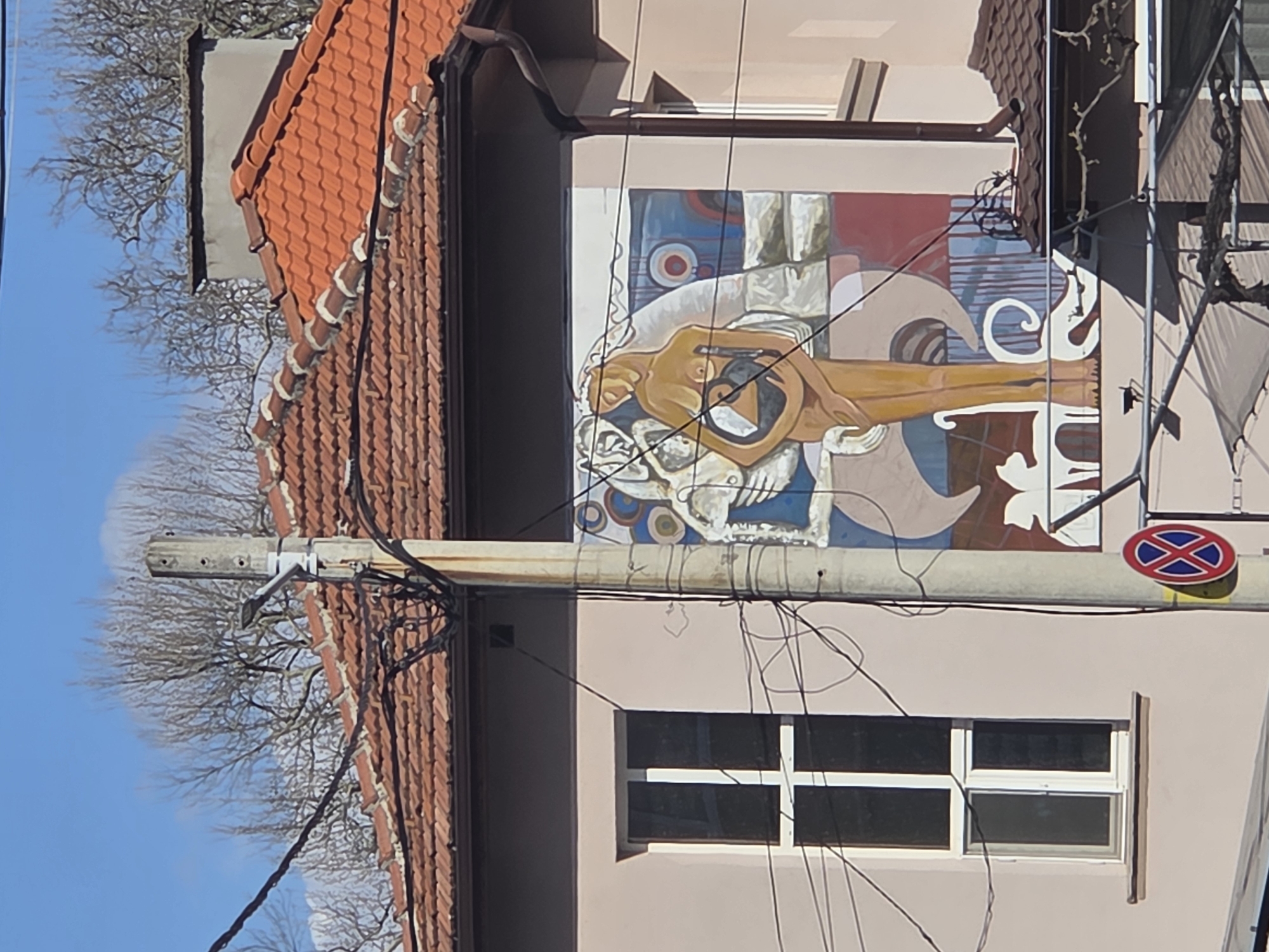 Building with exterior mural observed in Kyustendil, Bulgaria