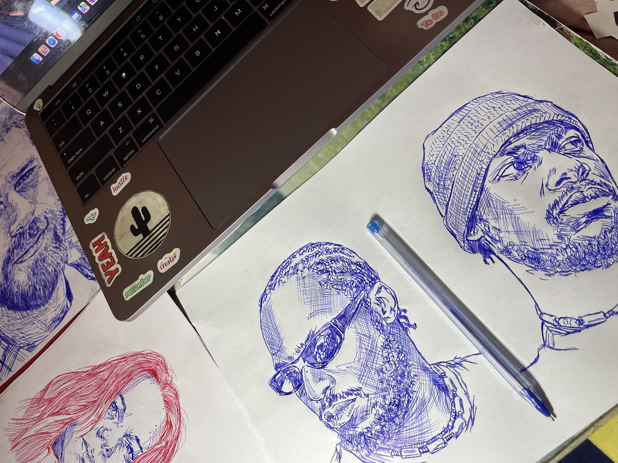 Ballpoint portrait sketched from a laptop reference in Jos