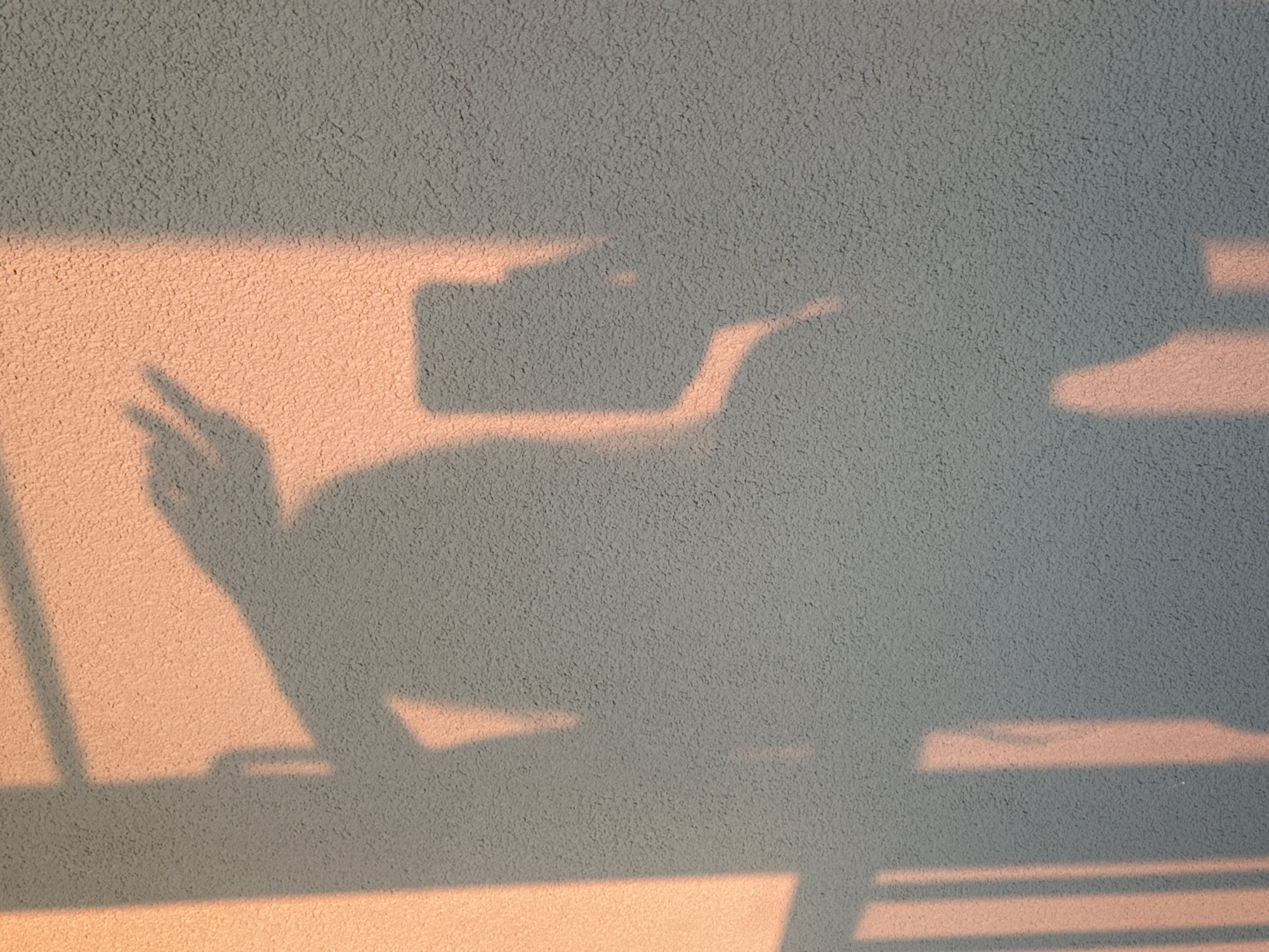 Peace sign shadow, rural sunset, and a curtained window view