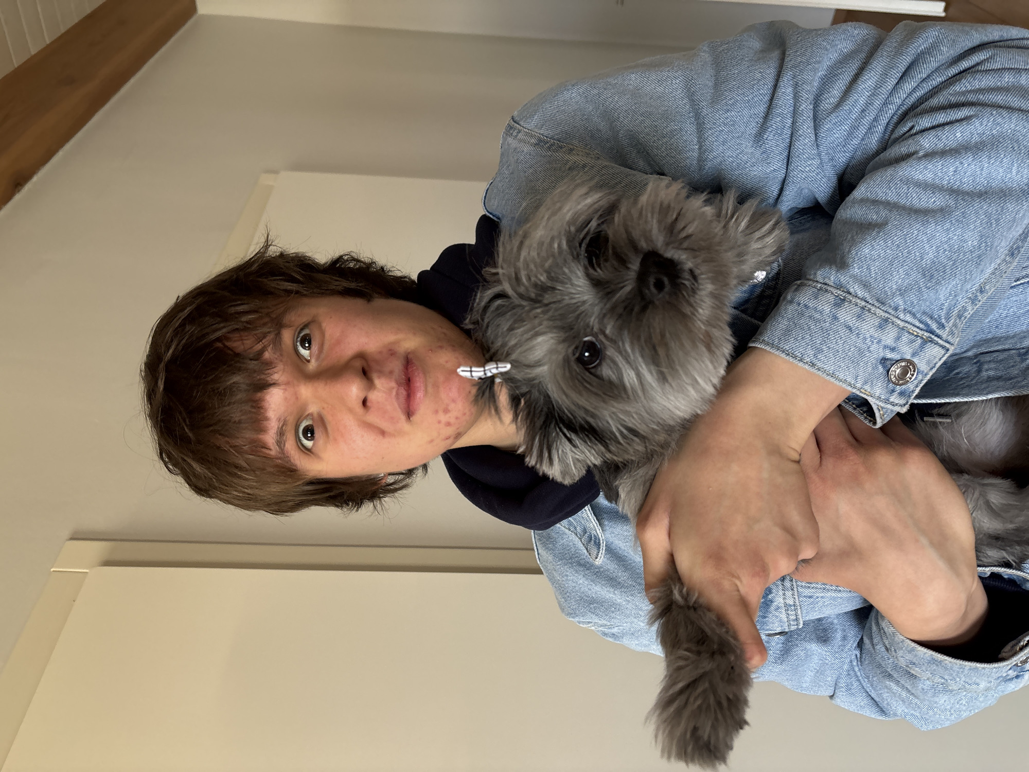 Young person poses with small gray dog in Chaikovsky