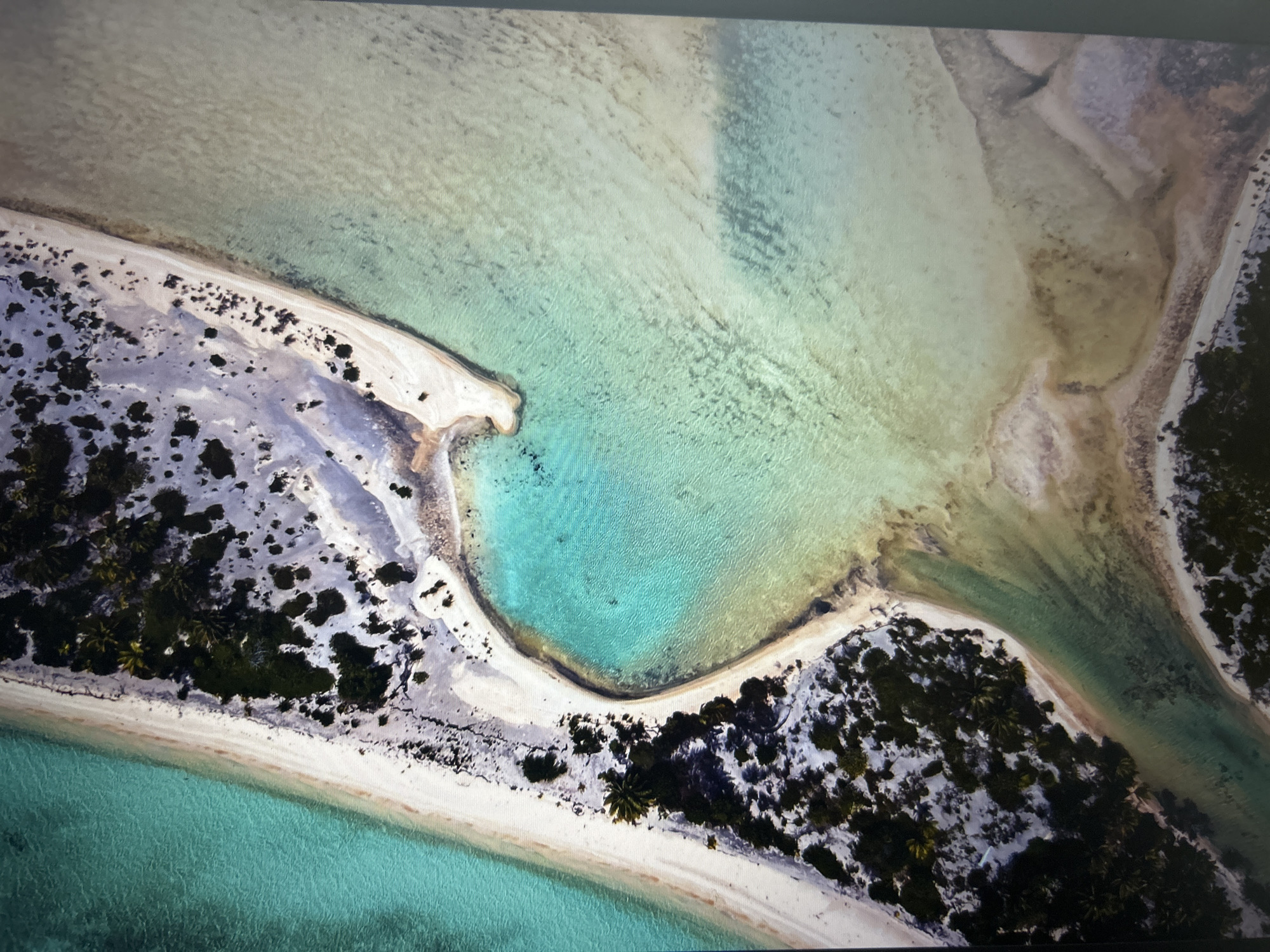 Aerial view of a tropical beach where sand meets turquoise water.
