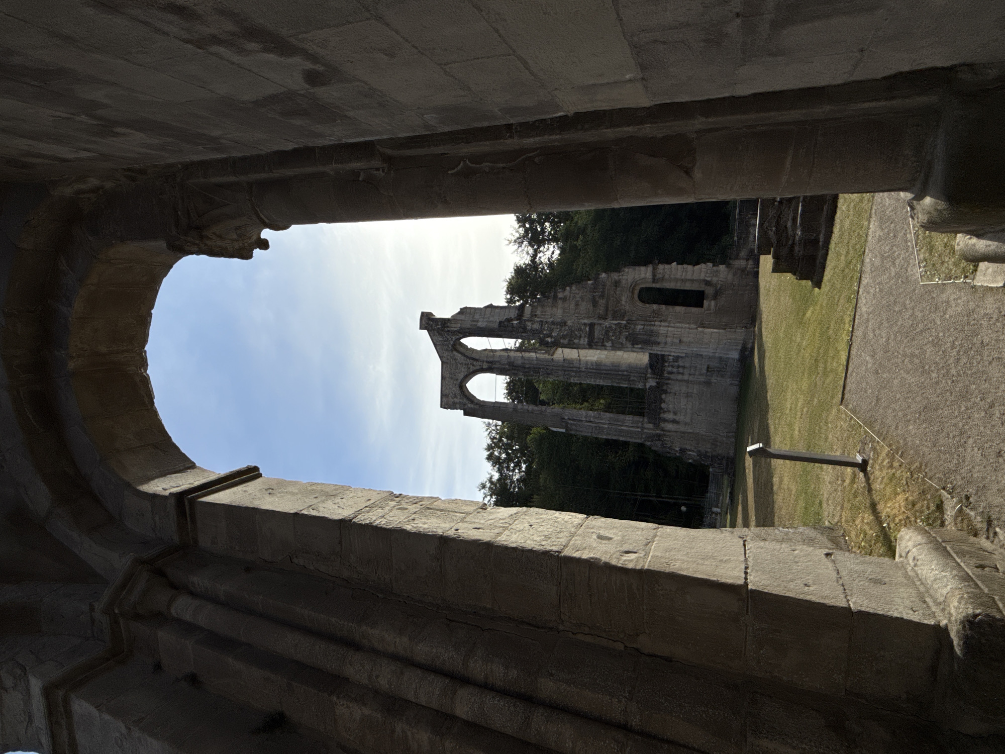 Morning visit to Walkenried Abbey ruins, Gothic stone and blue sky