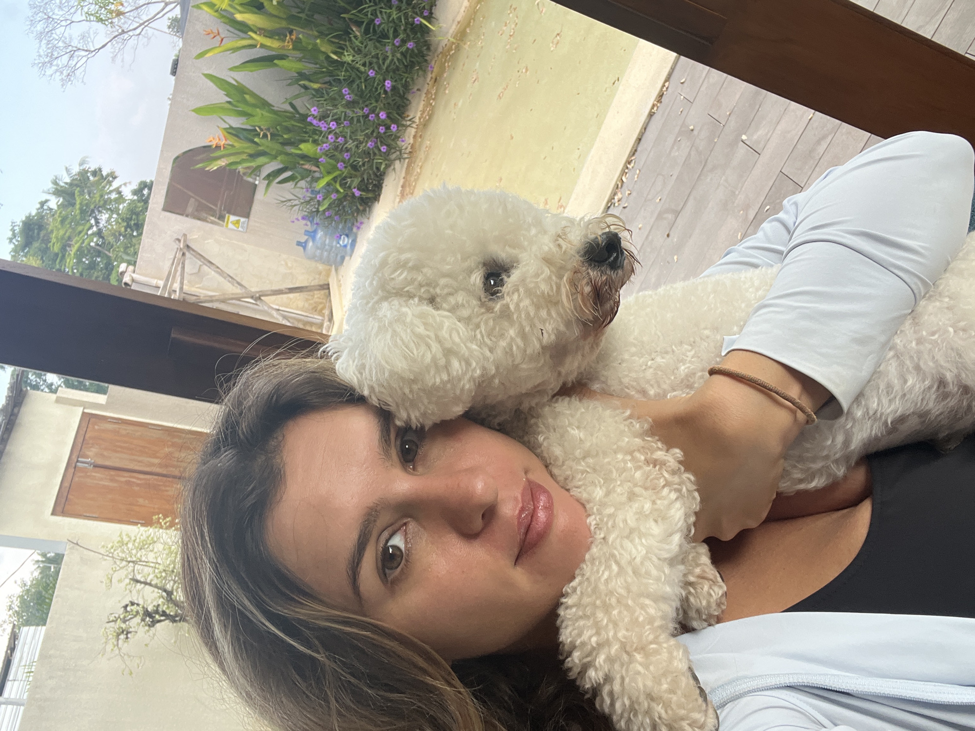 Lazy resort day in Kediri with a fluffy white dog