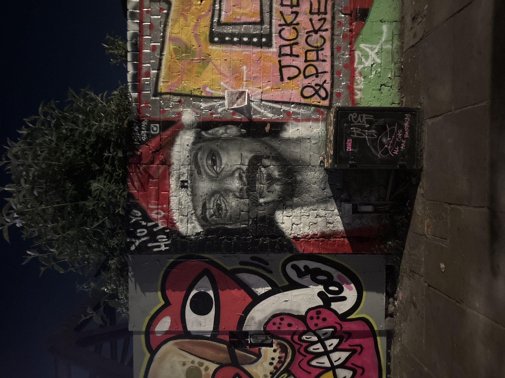 Street art documented on London brick wall at night