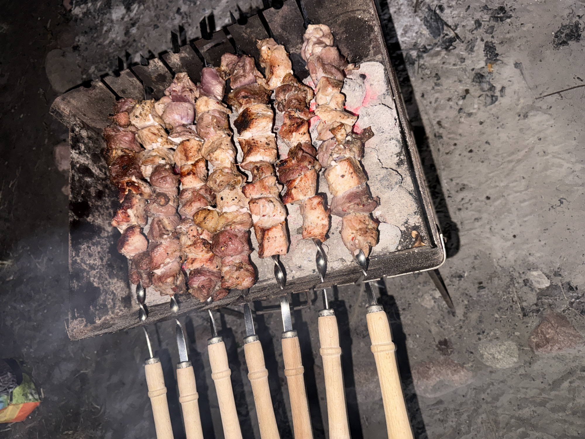 Meat skewers grilling over hot coals in rural Poland