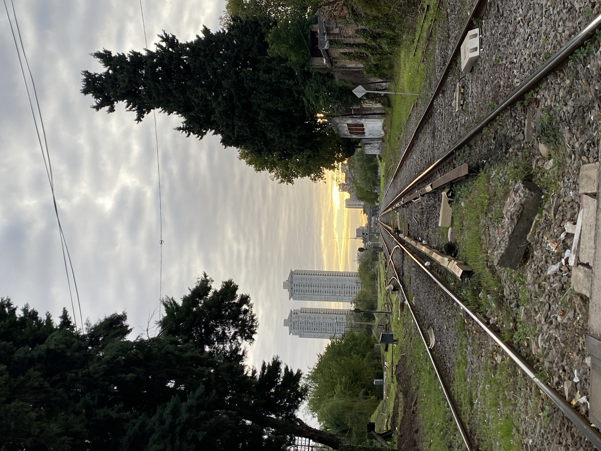 Railway tracks photographed during golden hour in Buenos Aires