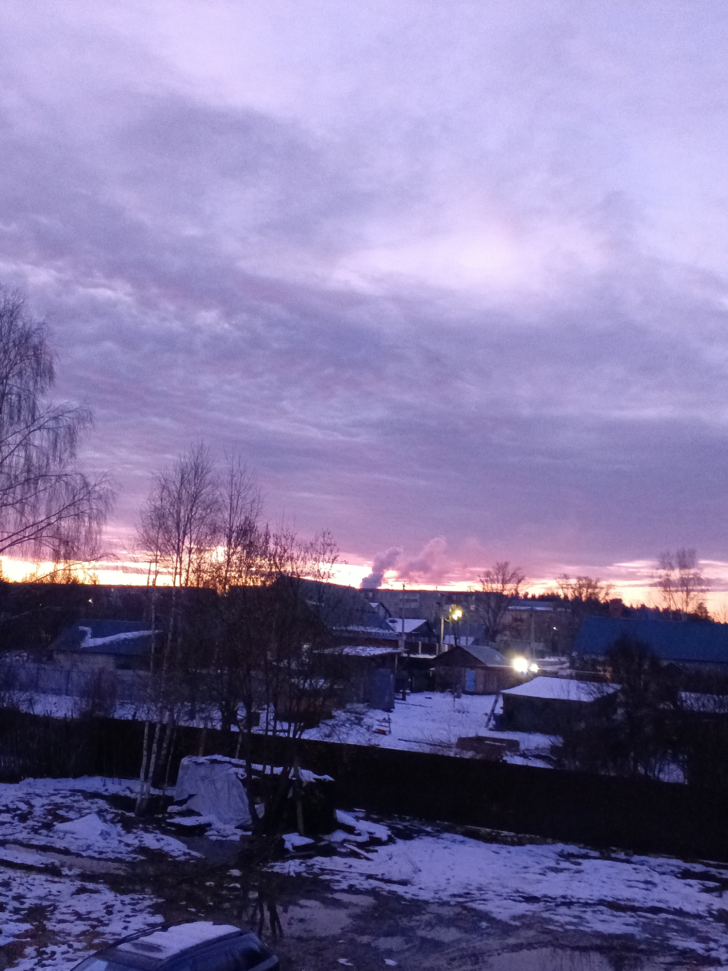 Vivid purple twilight sky photographed over Andreyevo, Russia
