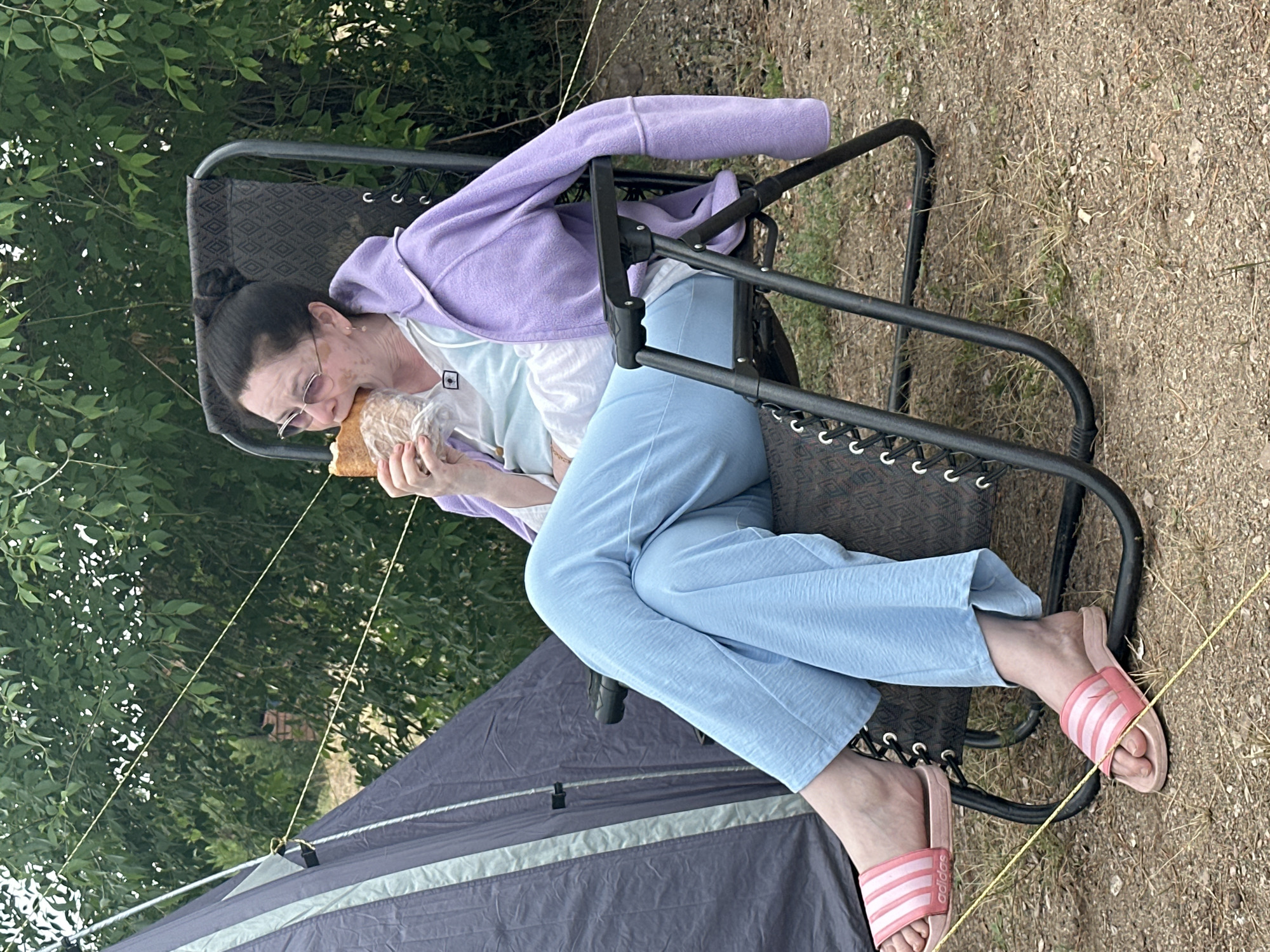Lakeside camp cookout with grilling mushrooms and a curious ladybug
