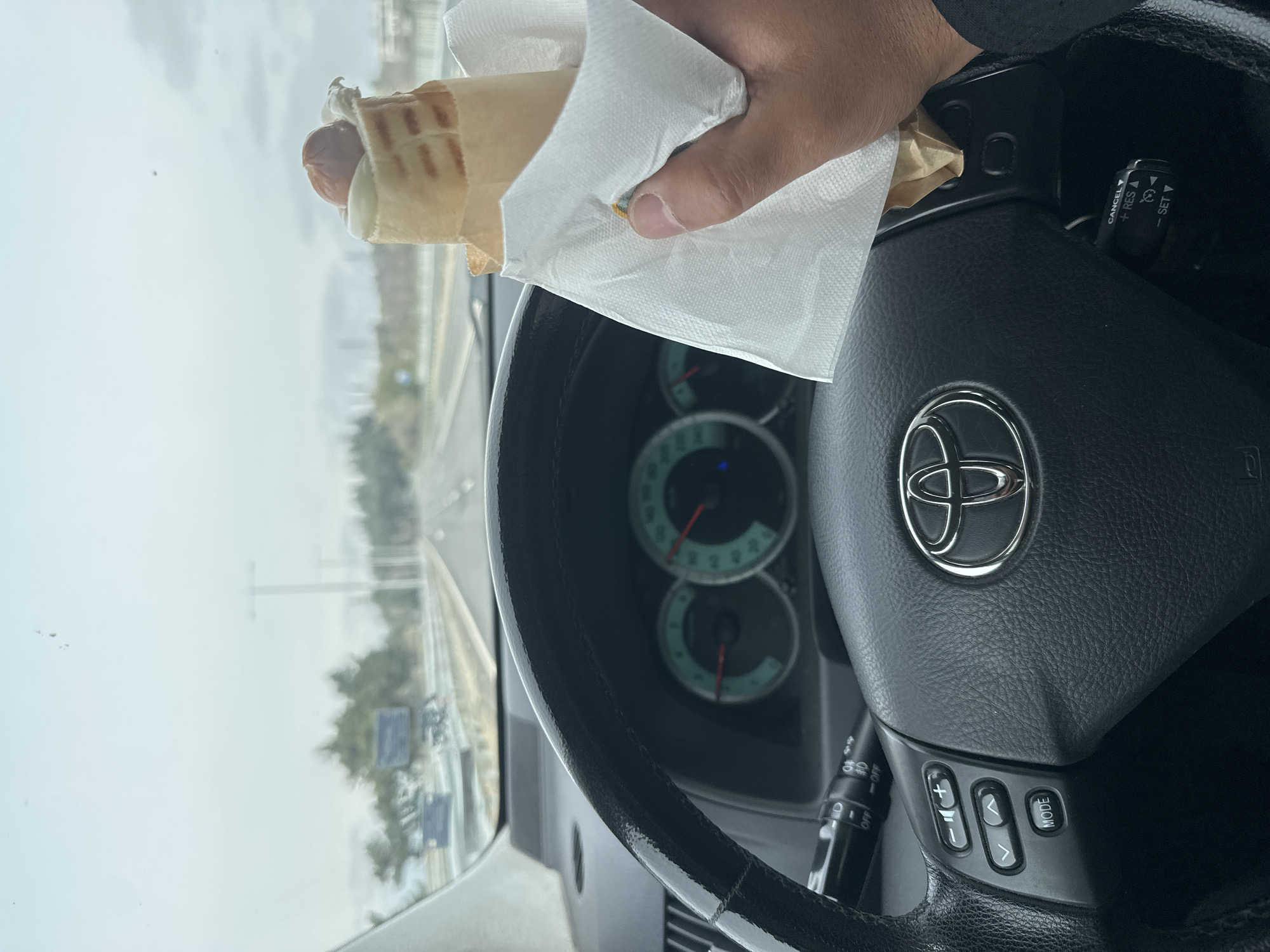 Driver eats hot dog while driving on Bulgarian highway