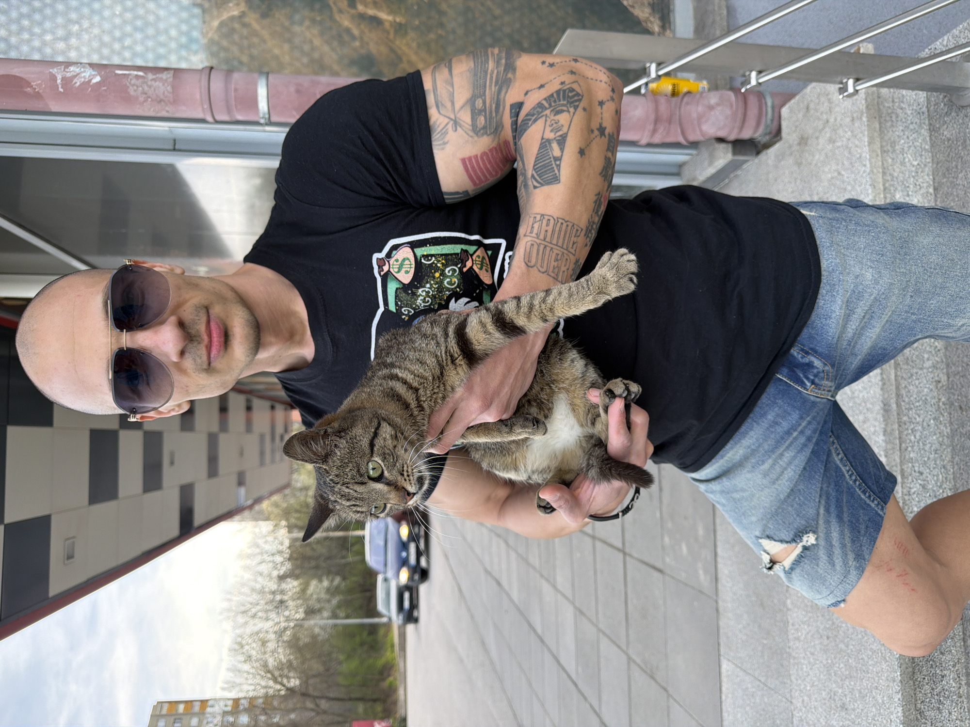Man holds tabby cat on street in Pleven, Bulgaria