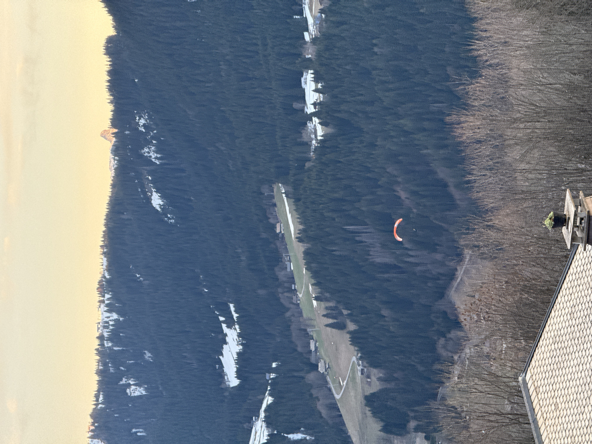 Red paraglider spotted over snowy Morzine forests Monday afternoon