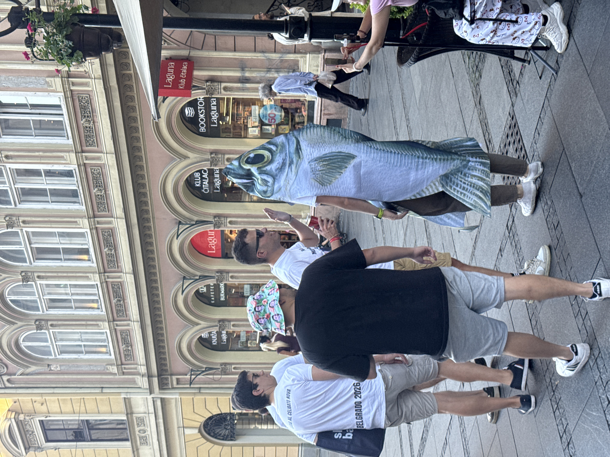 Inflatable fish costume turns heads on Belgrade pedestrian street