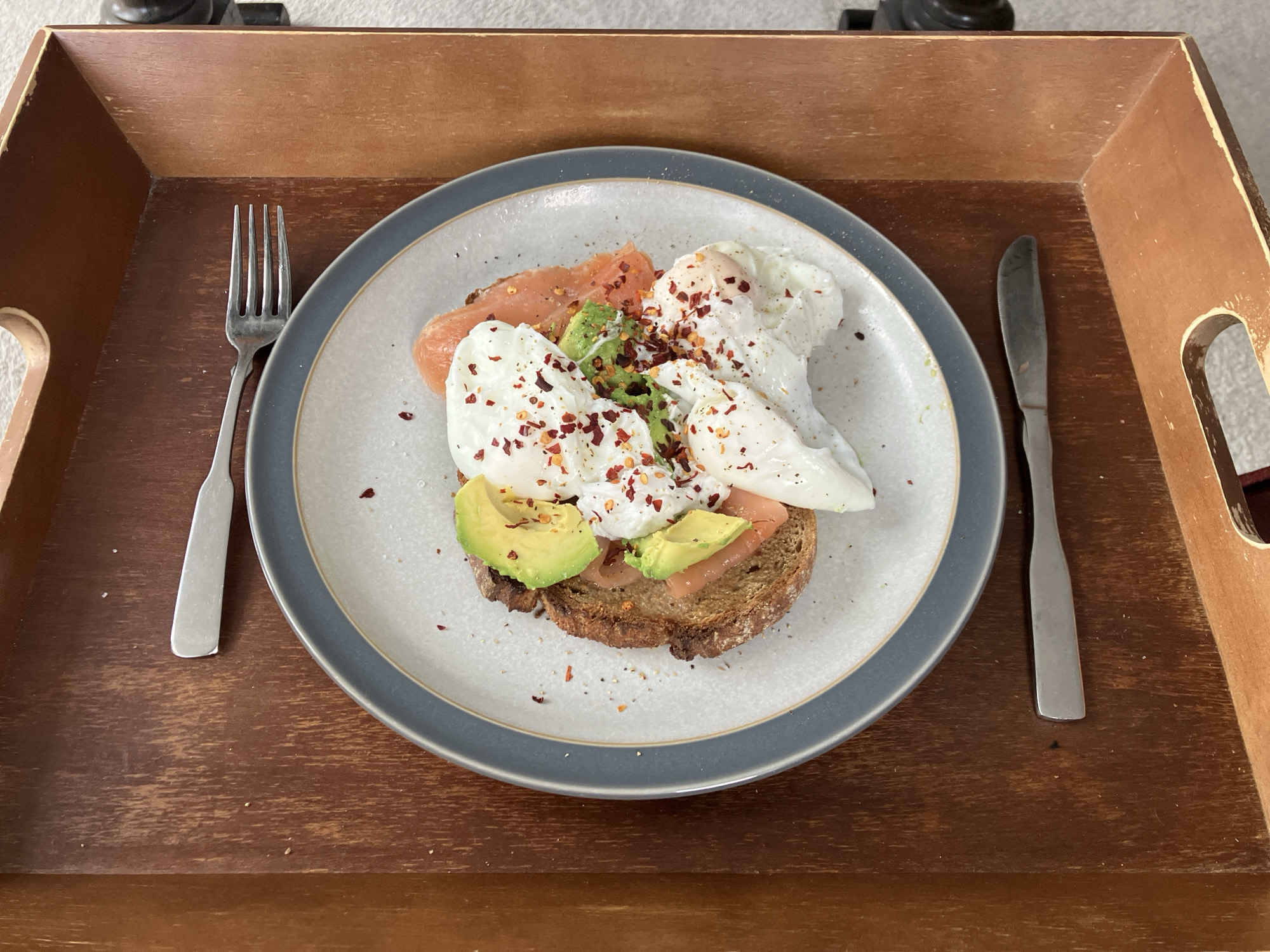 Avocado toast breakfast with smoked salmon photographed in East Suffolk