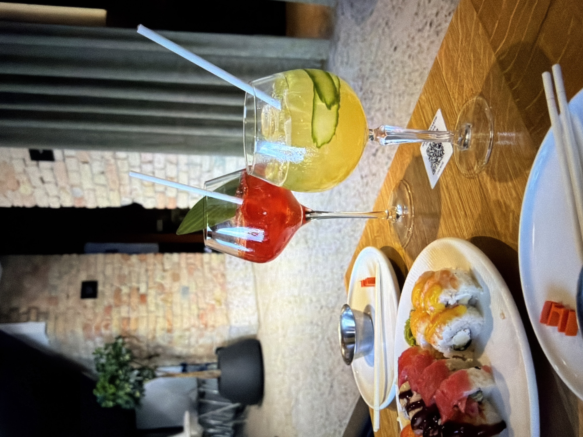 Sushi and cocktails at a Kyiv restaurant, mid-afternoon