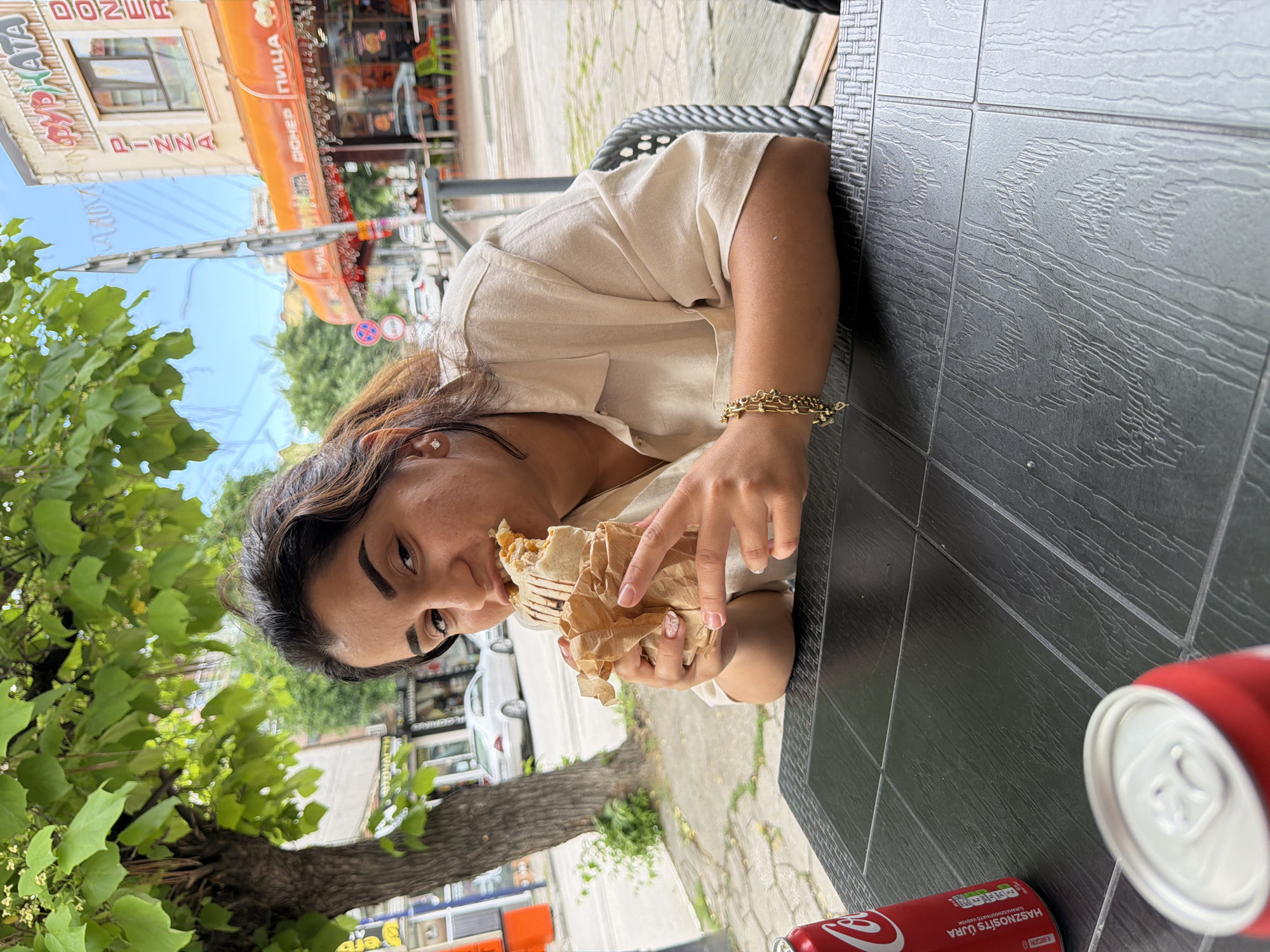 Casual outdoor lunch shared at Pazardzhik street cafe