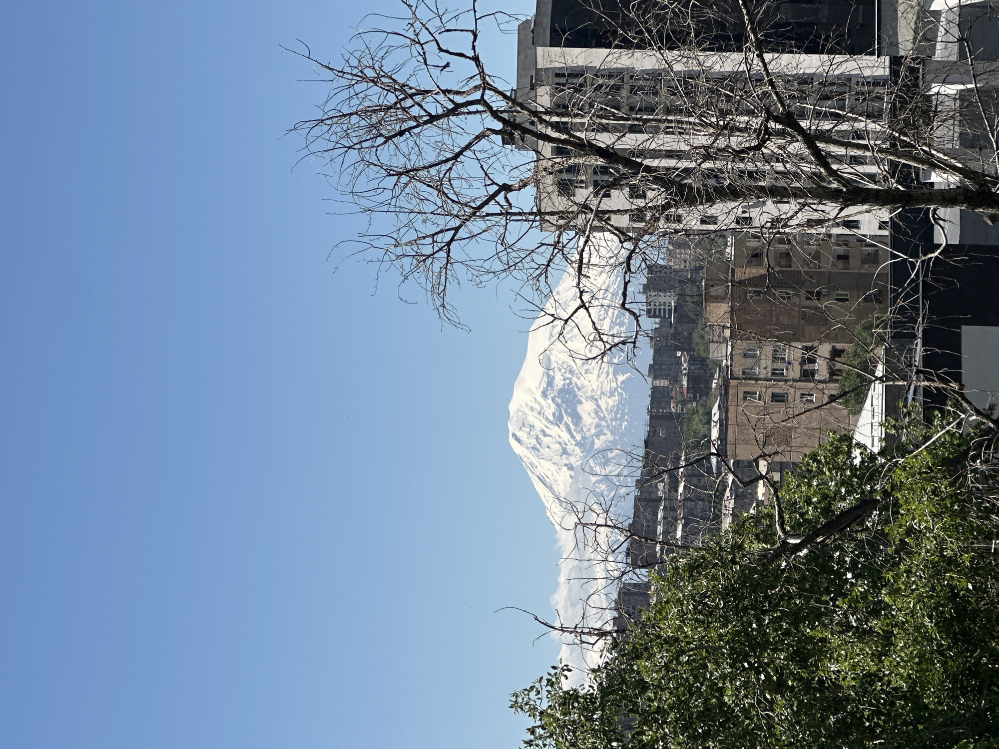 Snow-capped Mount Ararat visible from Yerevan under clear skies