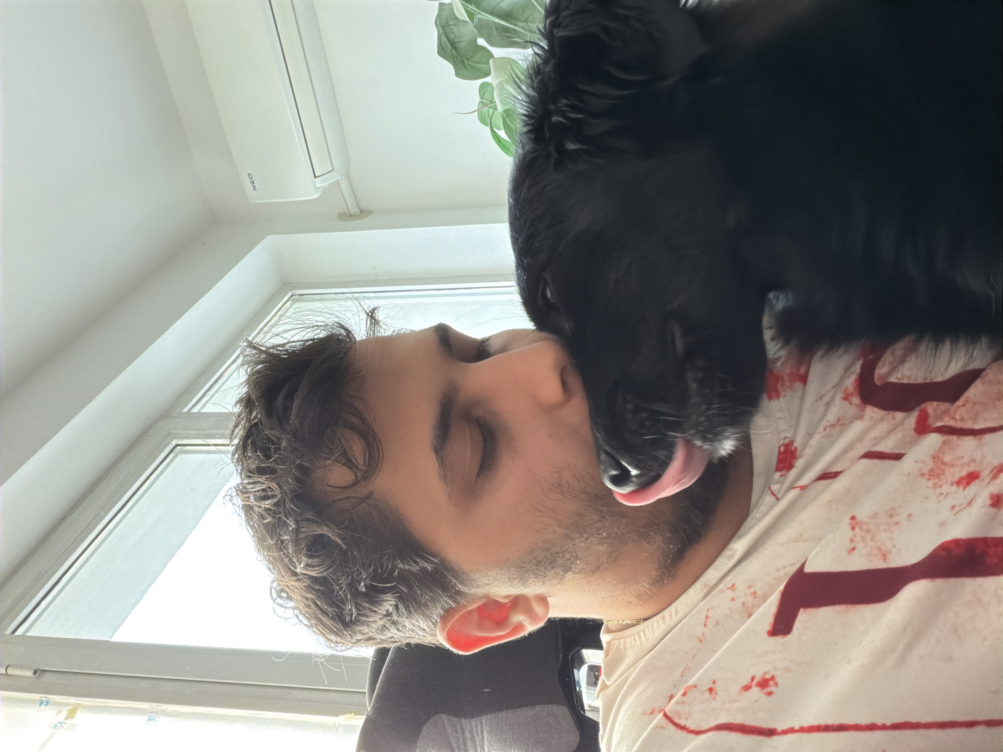 Man shares affectionate moment with black dog in Sofia