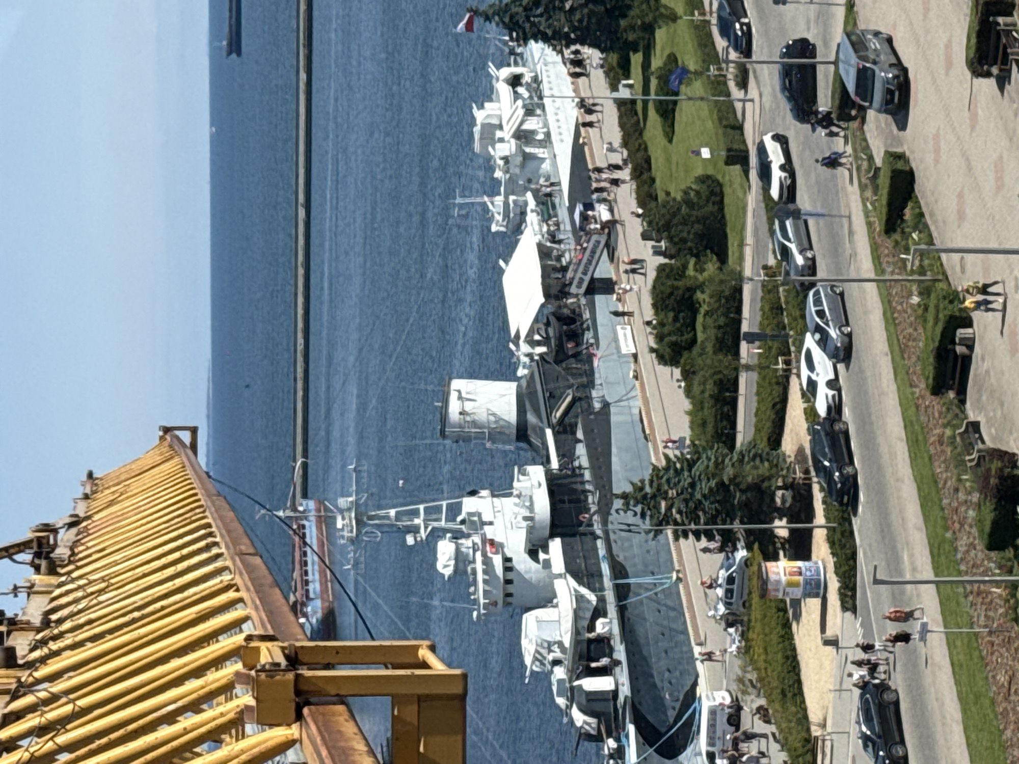 Gdynia's harbor district: warships, tall ships, and active construction
