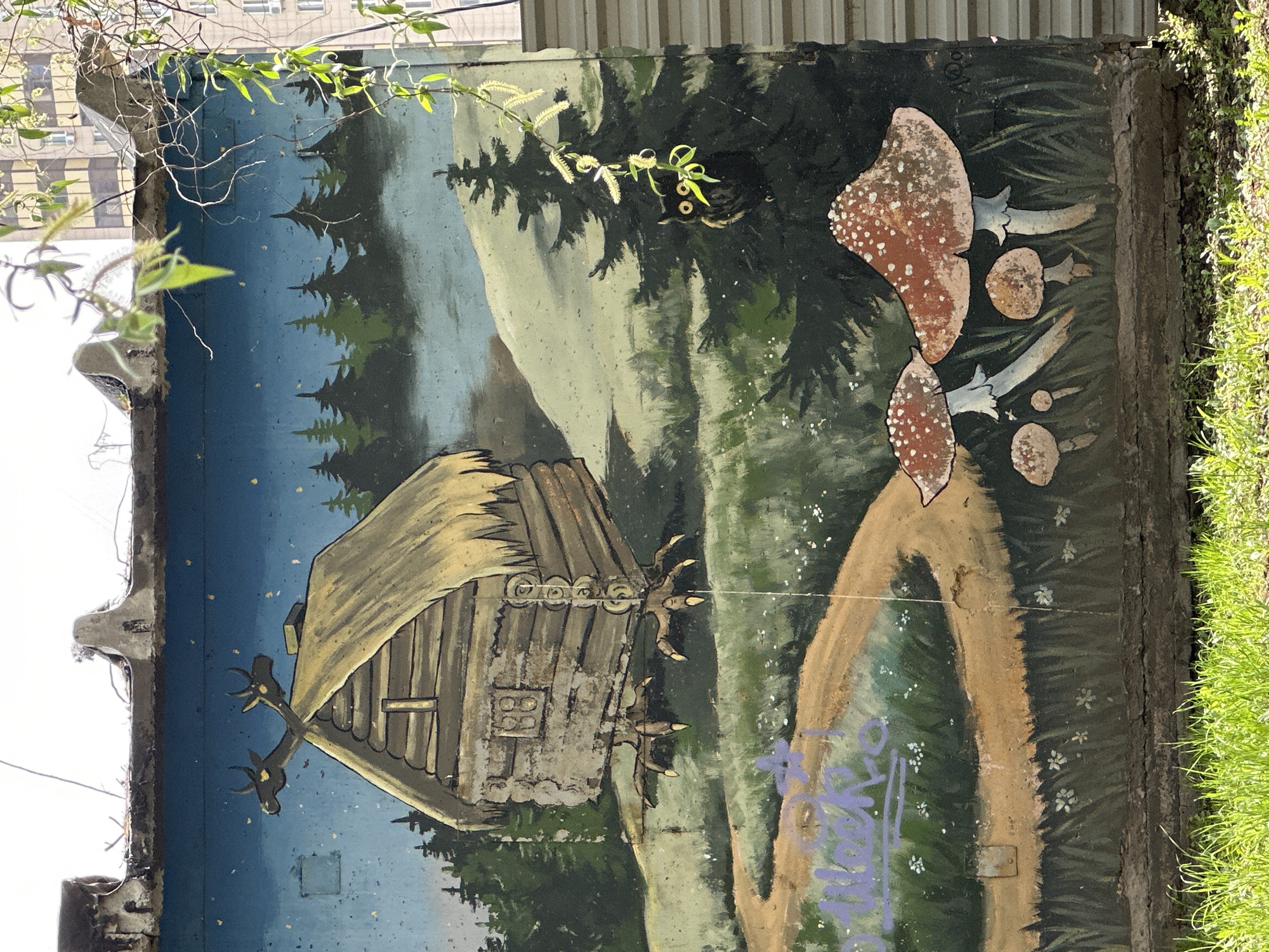 Morning park scenes documented in Novosibirsk include folklore mural