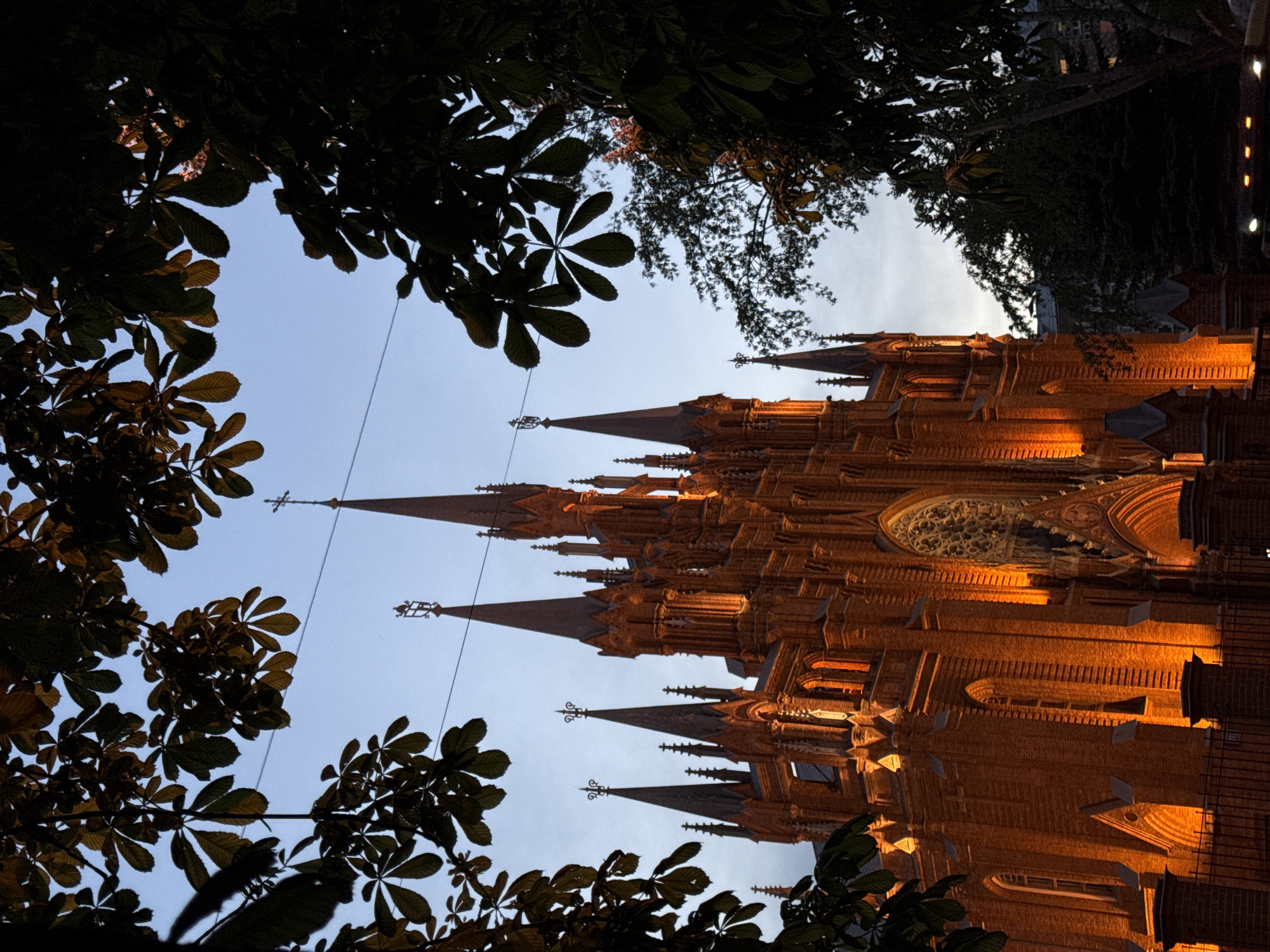 Moscow Gothic churches illuminated at twilight captured by witness