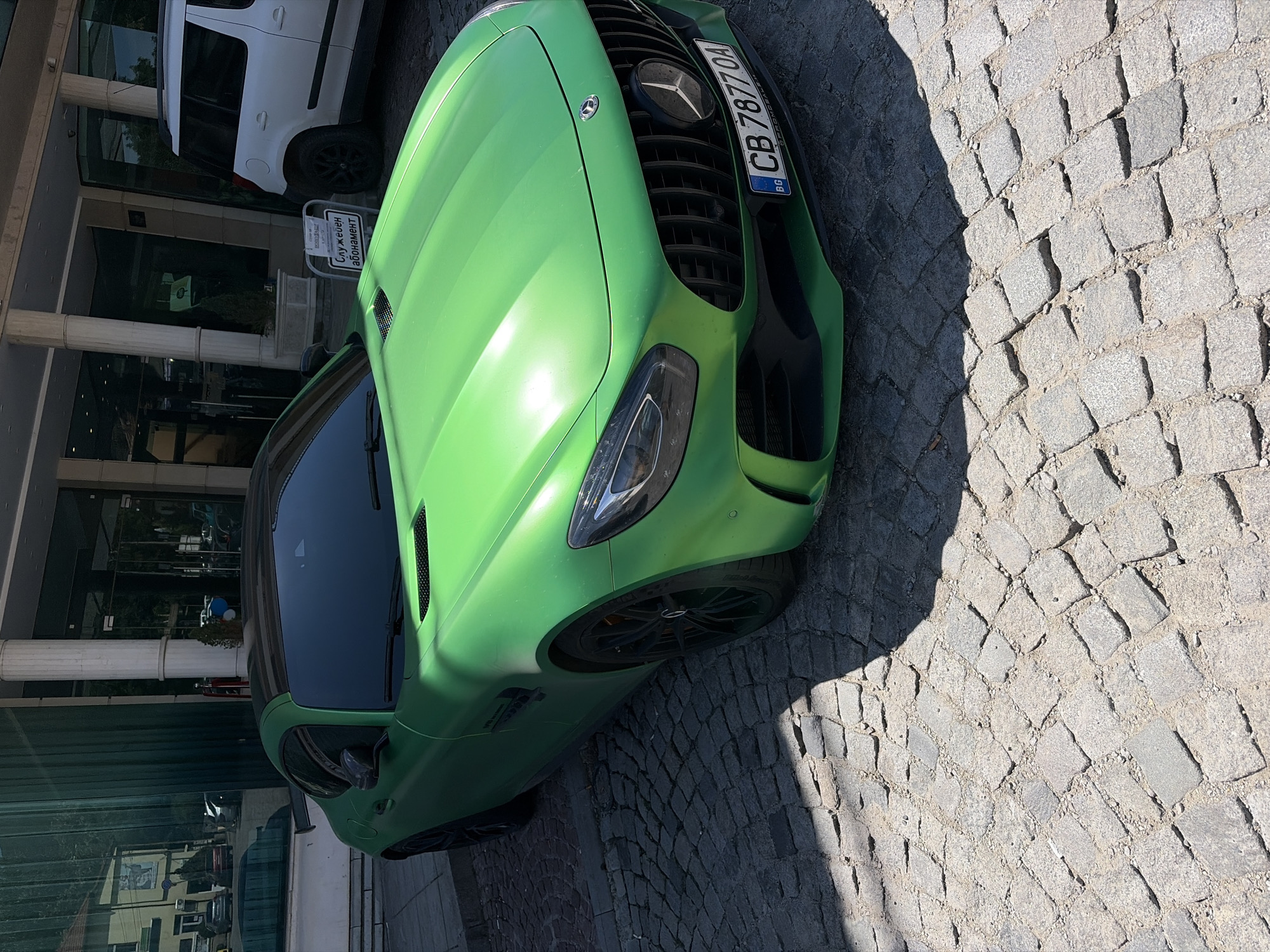 Green Mercedes AMG GT spotted on Sofia cobblestone street