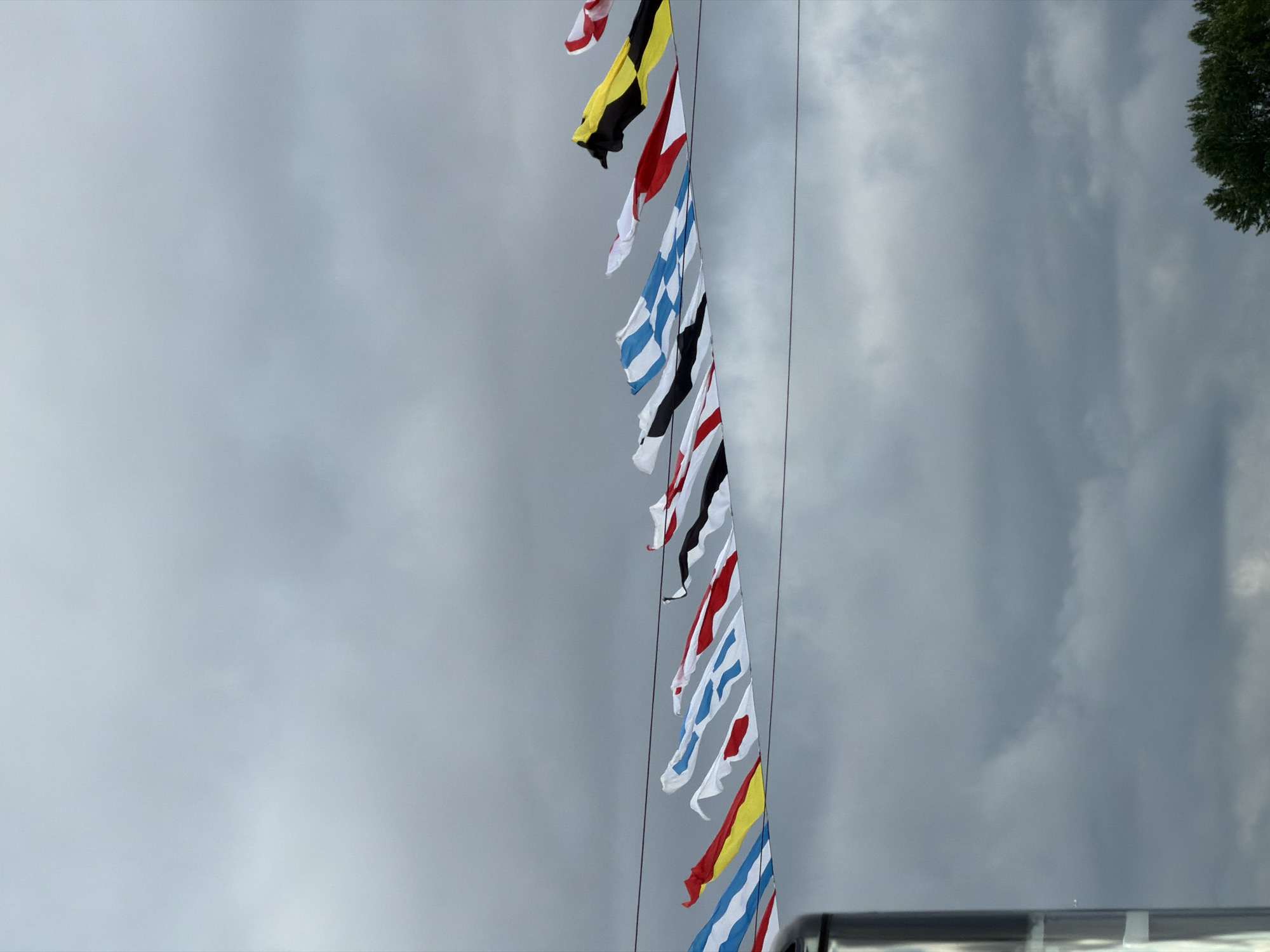 Nautical flags and a passenger boat on Saint Petersburg's waterfront