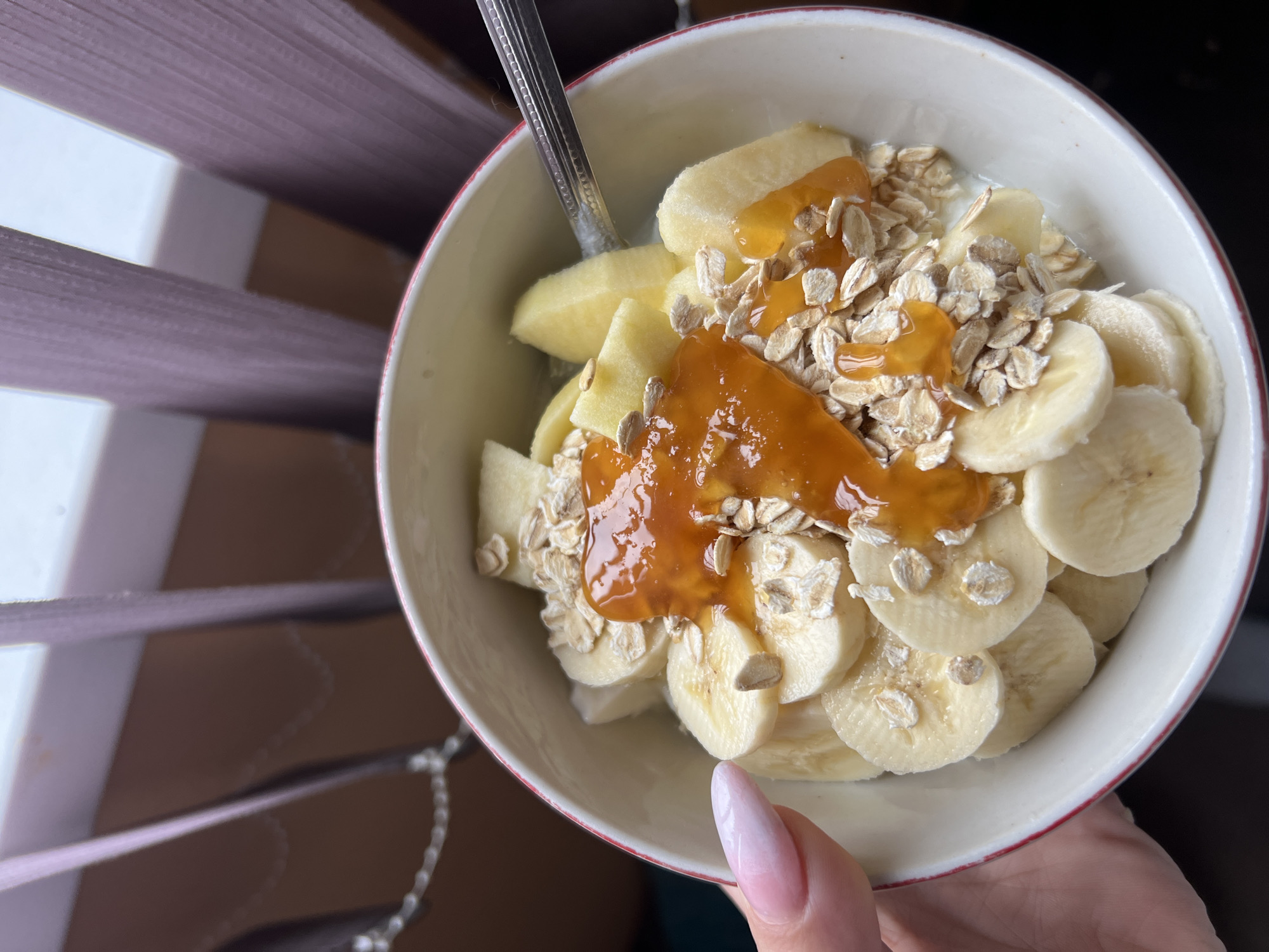 Morning breakfast bowl with fruit and oats in Plovdiv