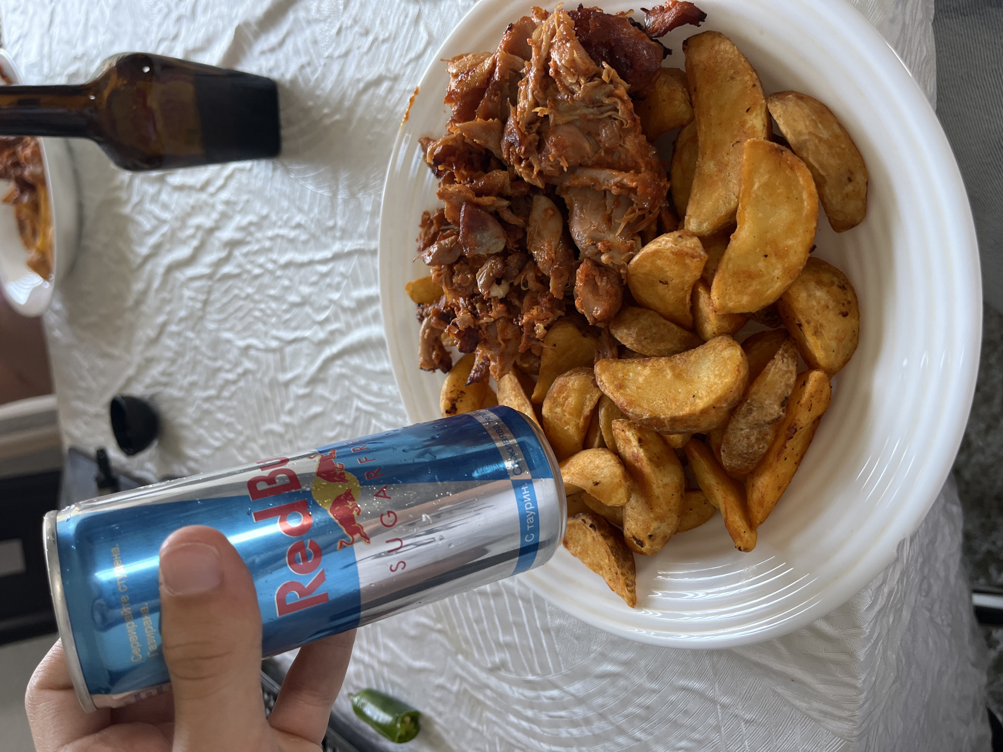 Casual lunch with meat, potatoes photographed in Zlatograd, Bulgaria