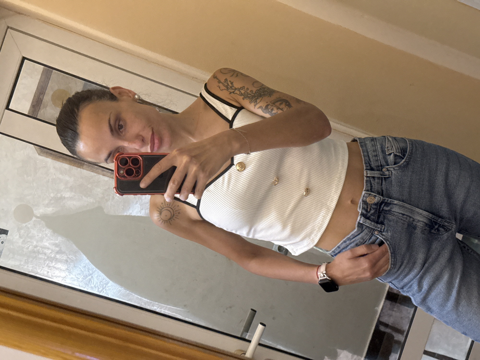 Woman takes morning selfie in mirror in Pleven