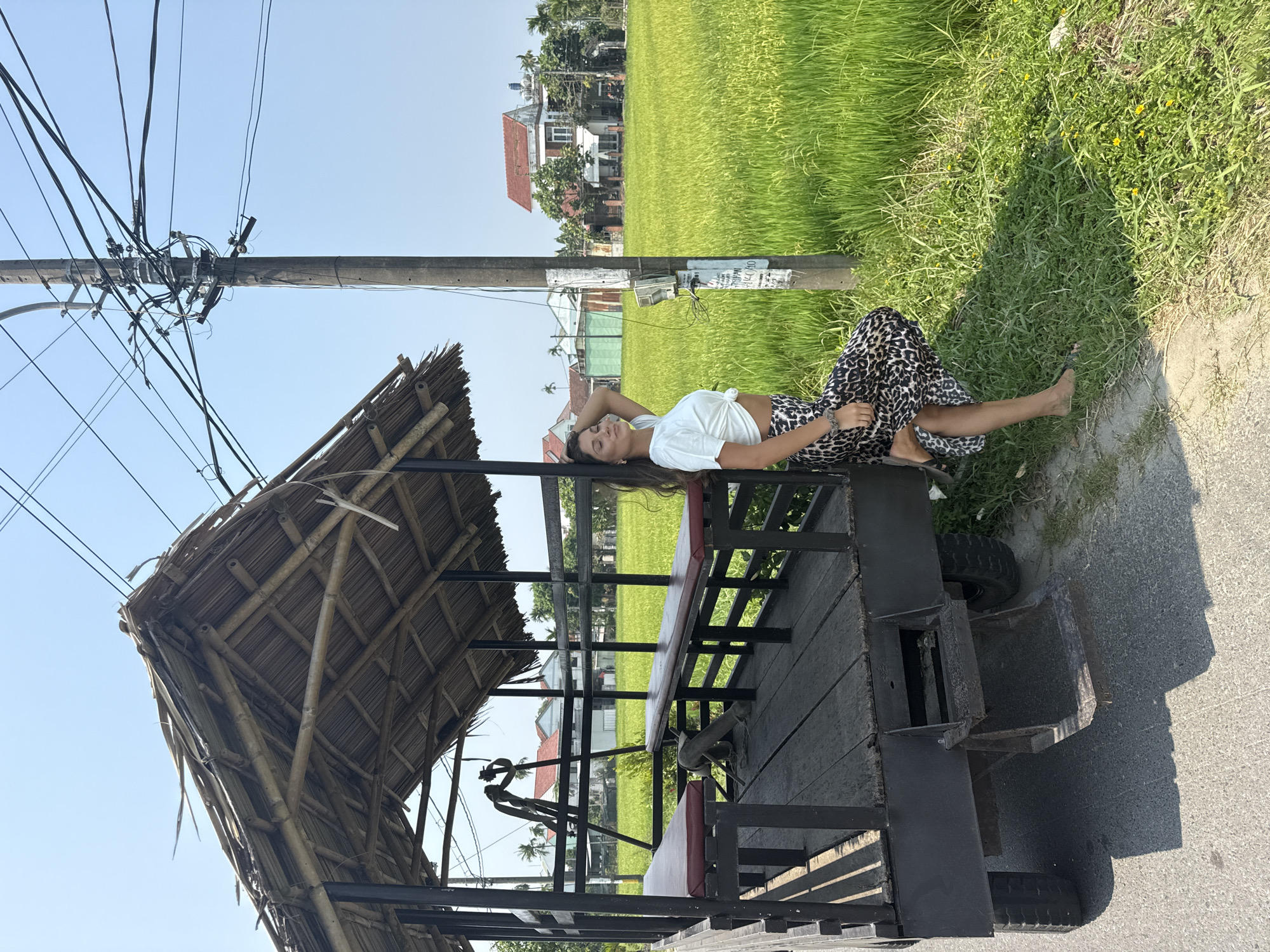 Woman rests by bamboo-roofed vehicle near Đà Nẵng rice fields