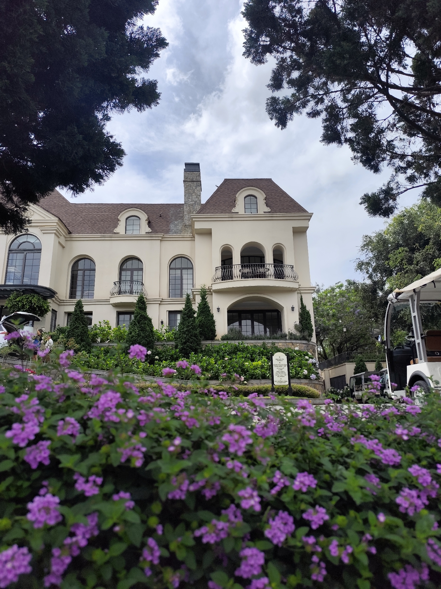 European-style hotels documented in flowering Đà Lạt morning scene