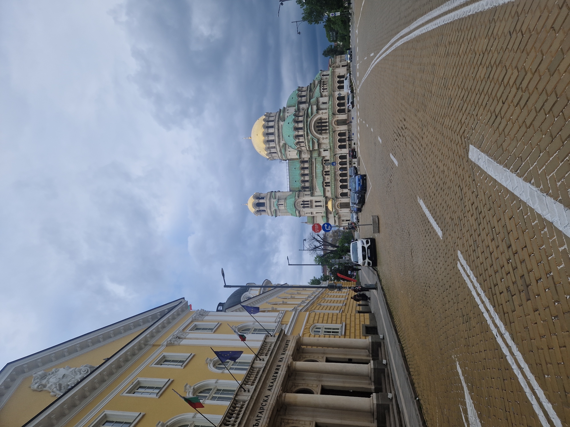 Public gathering with protest messaging near Sofia cathedral documented