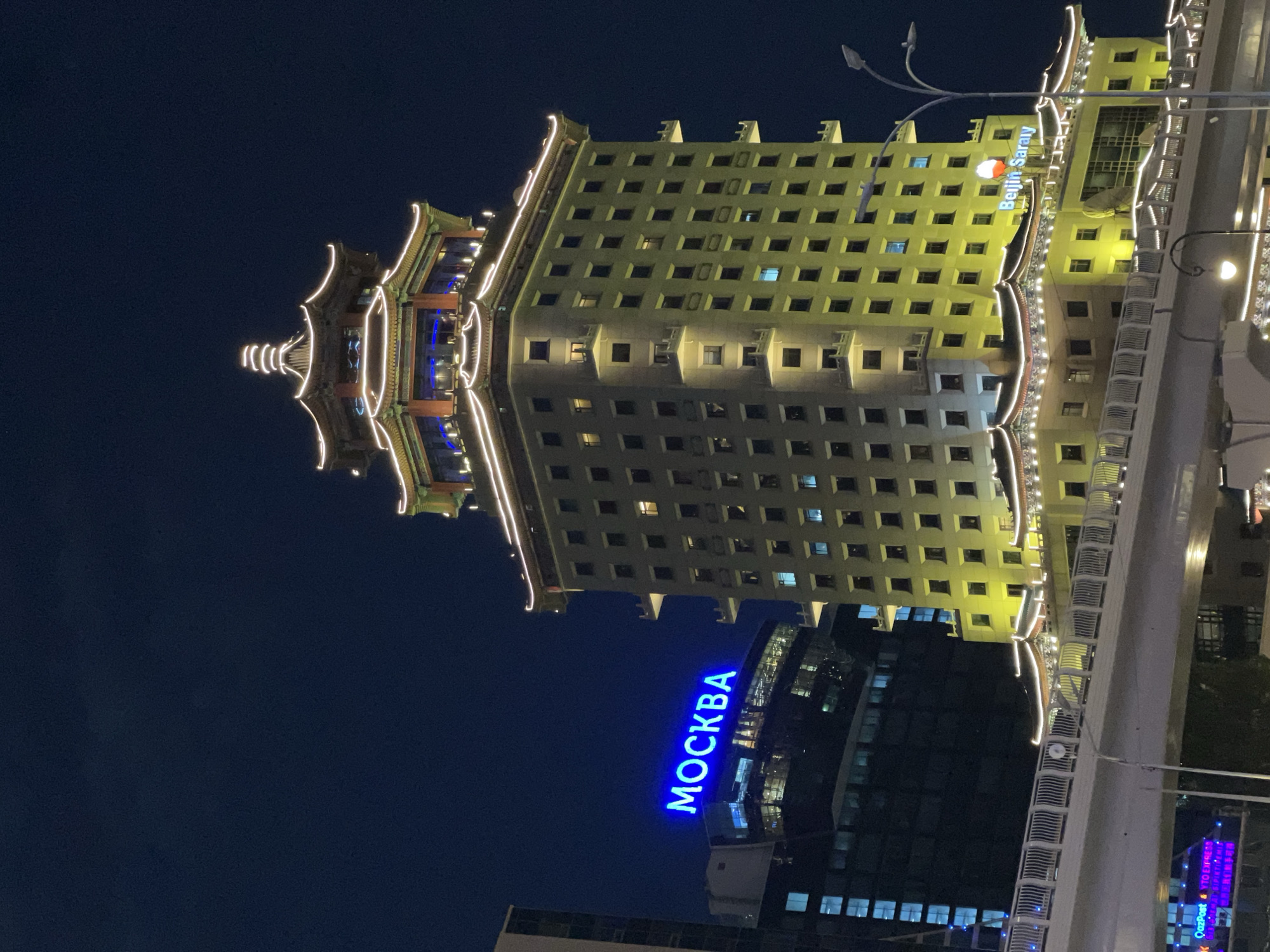 Evening scenes captured across illuminated downtown Astana, Kazakhstan