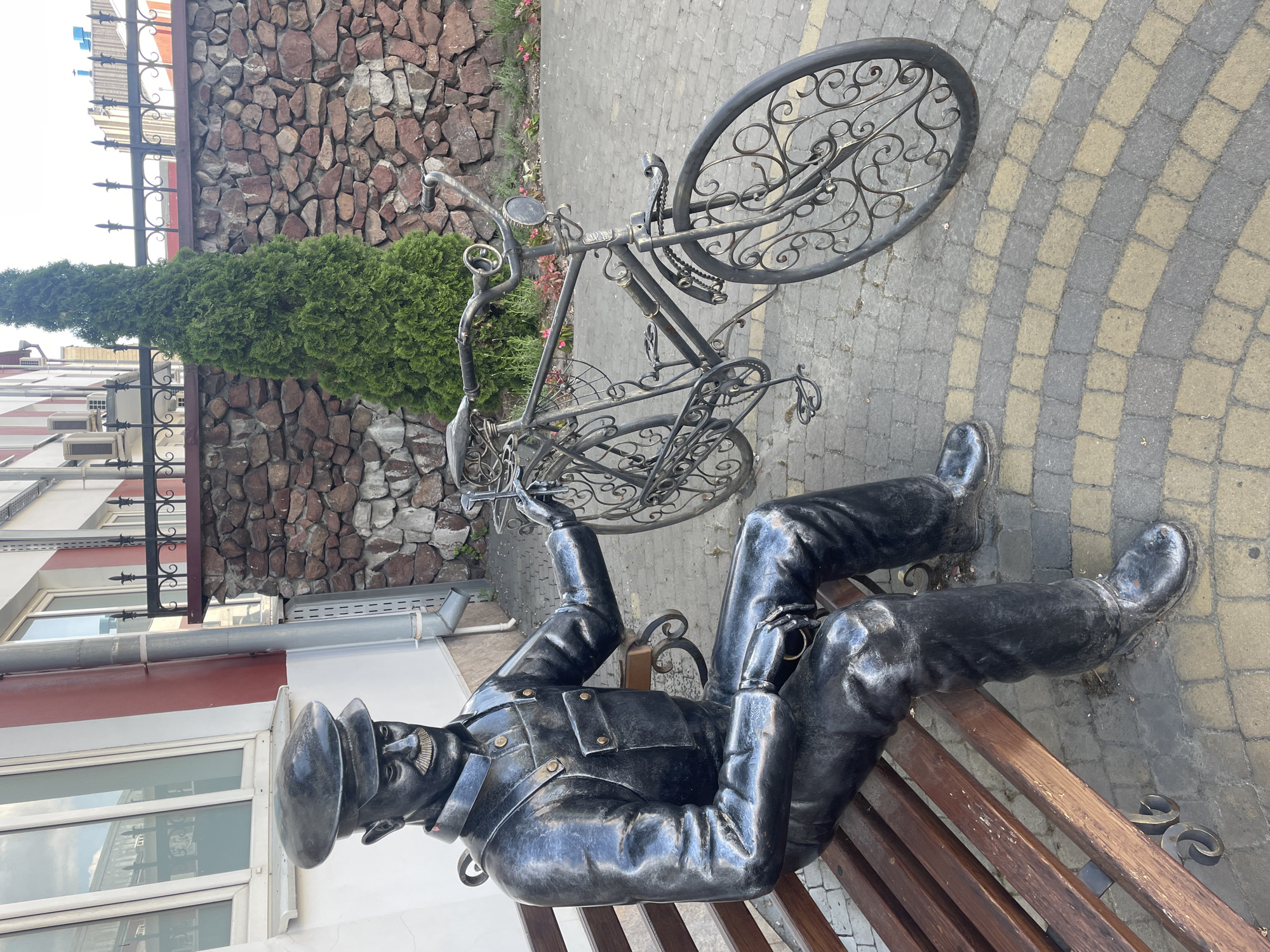 Public memorial sculpture with bicycle documented in Brest