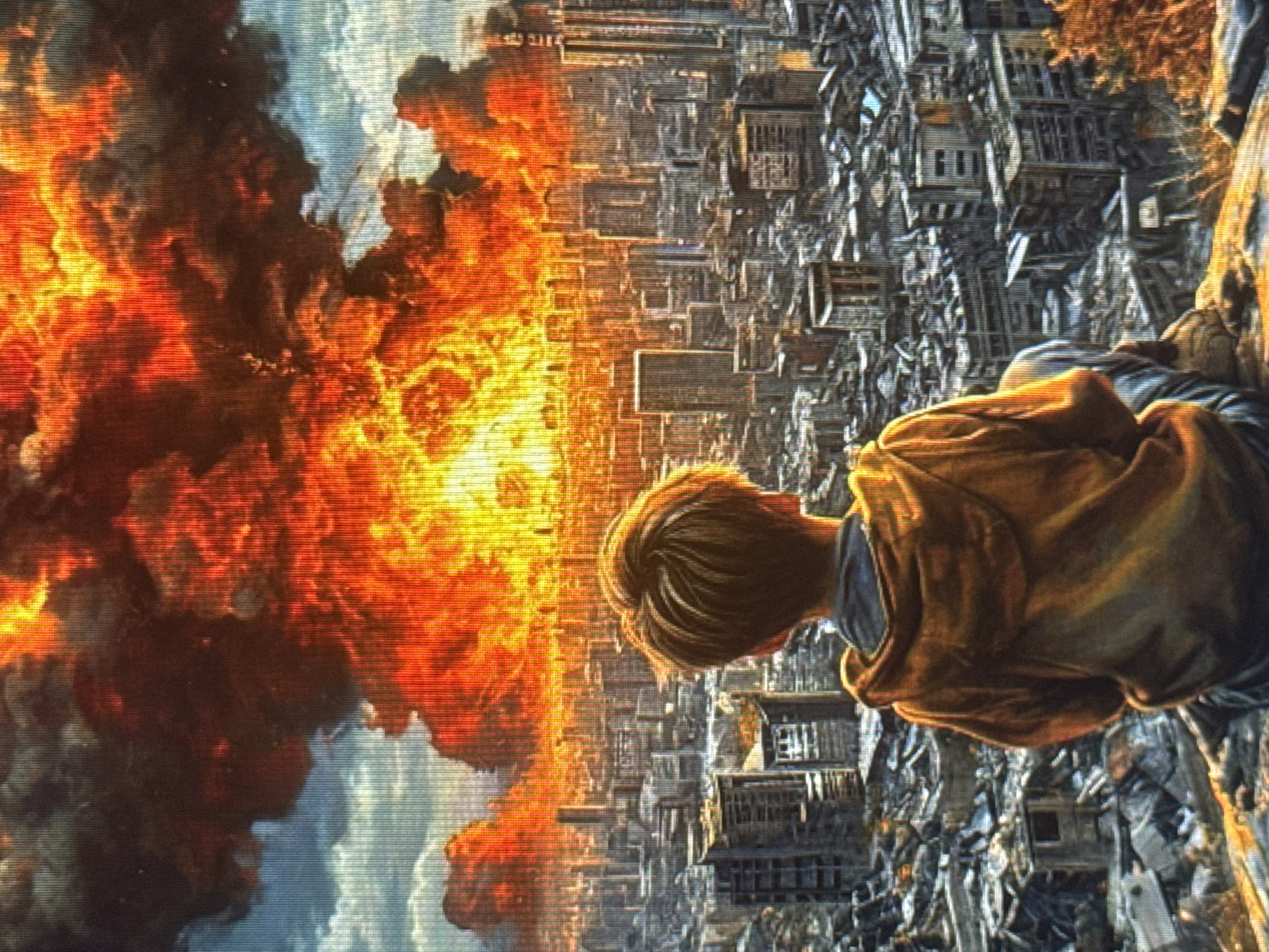 City engulfed in massive explosion, viewed from a distant hillside