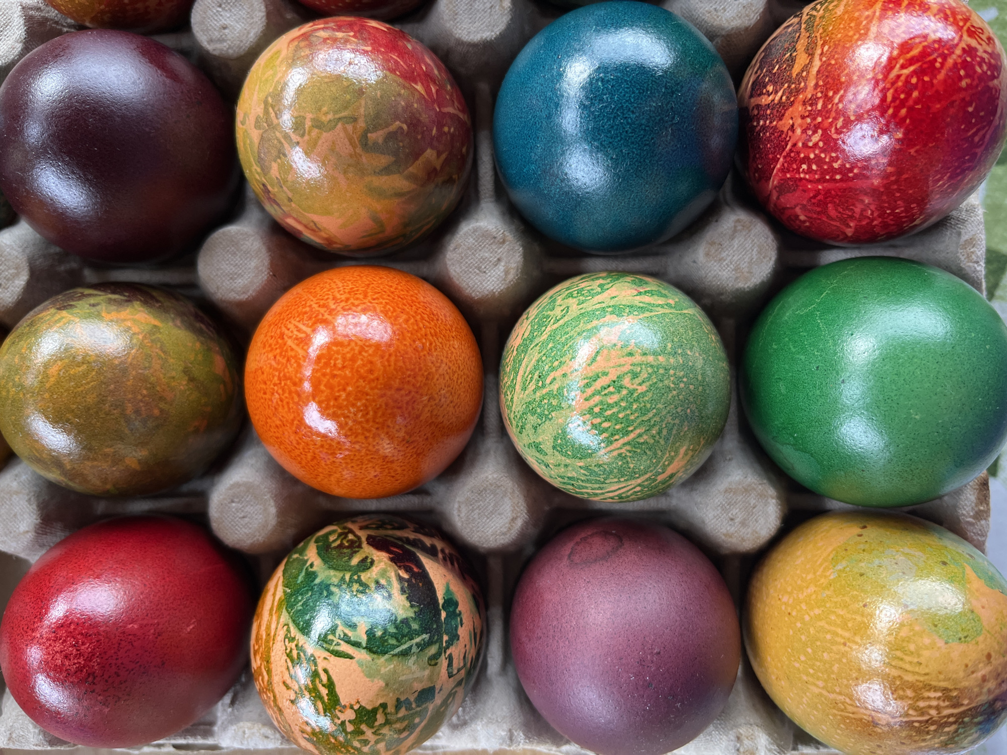Colorful Easter eggs displayed in cartons in Bulgarian village