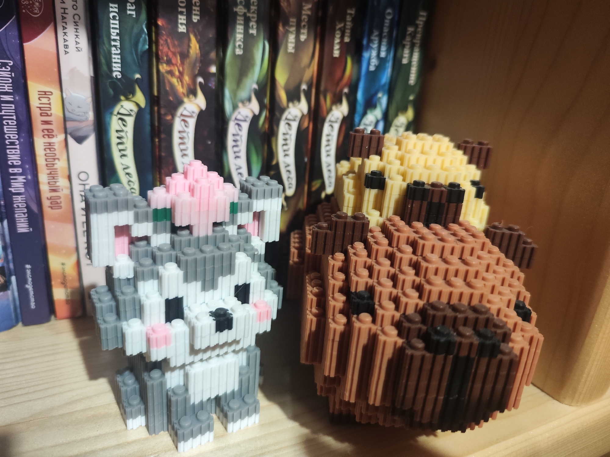 Block figures displayed on shelf with Cyrillic books