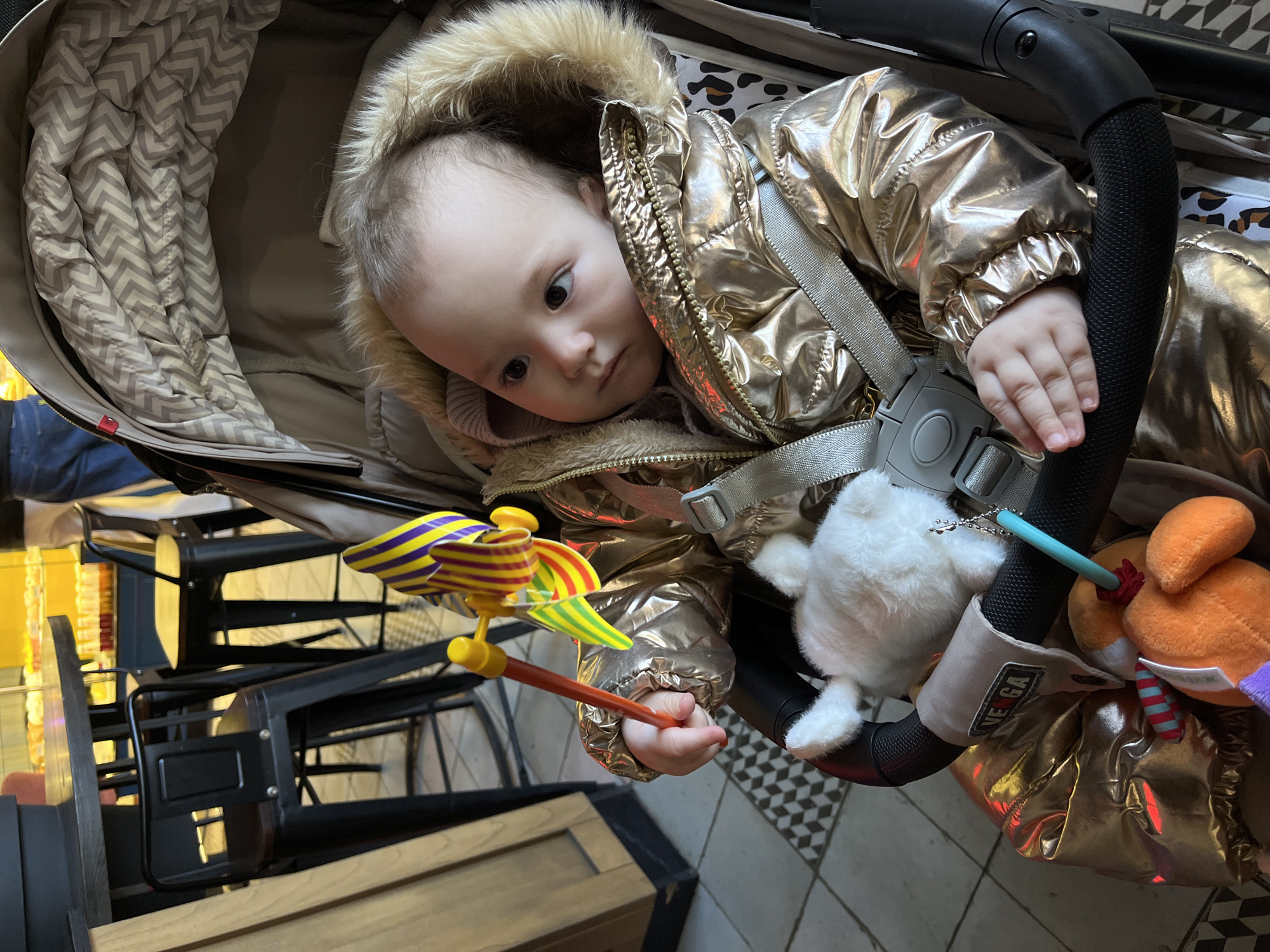 Baby with pinwheel toy spotted in stroller in Shushary