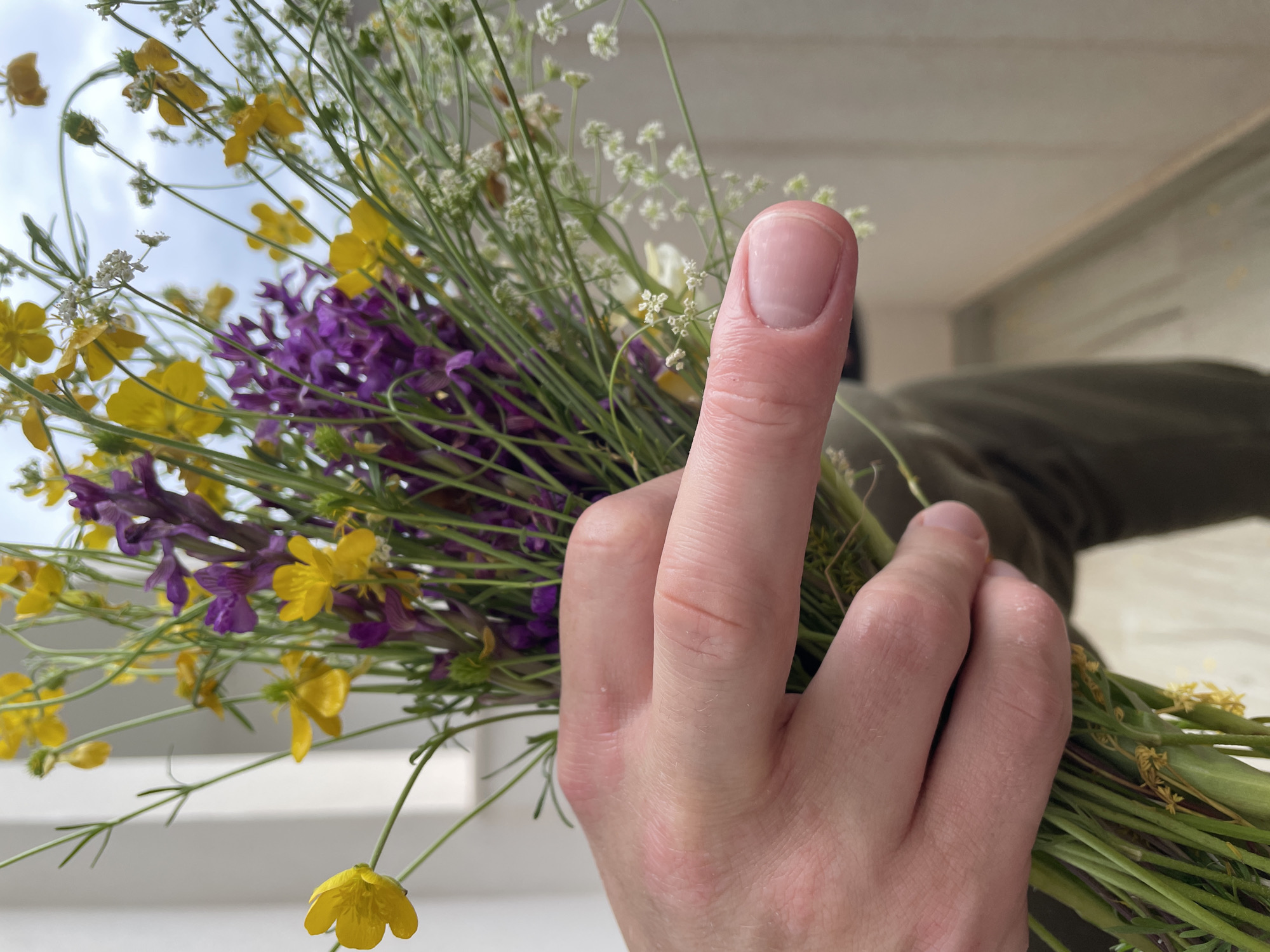 Person poses with wildflower bouquet in Montenegro coastal area