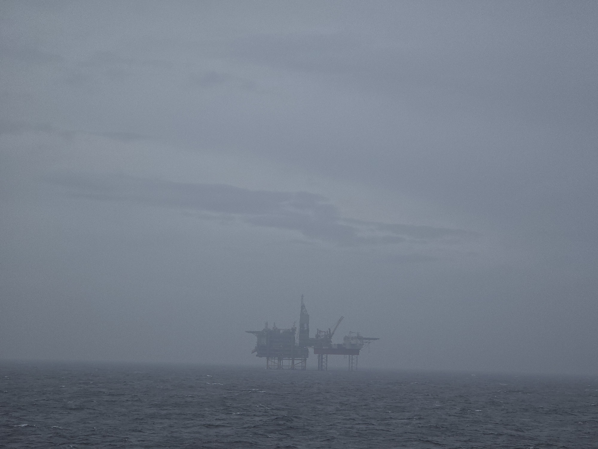 Oil platform observed in foggy North Sea conditions