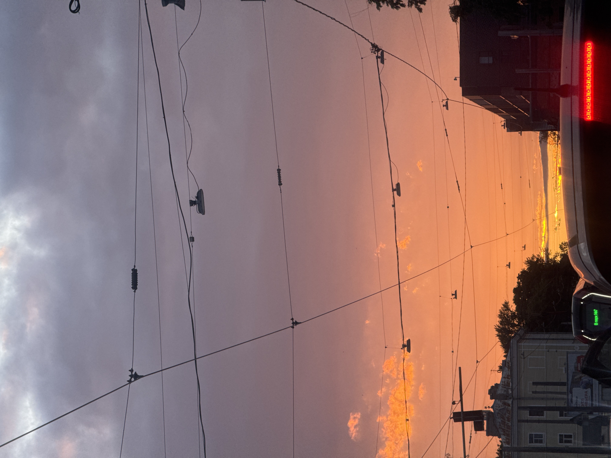 Vivid summer sunset behind Saint Petersburg's overhead wire grid.
