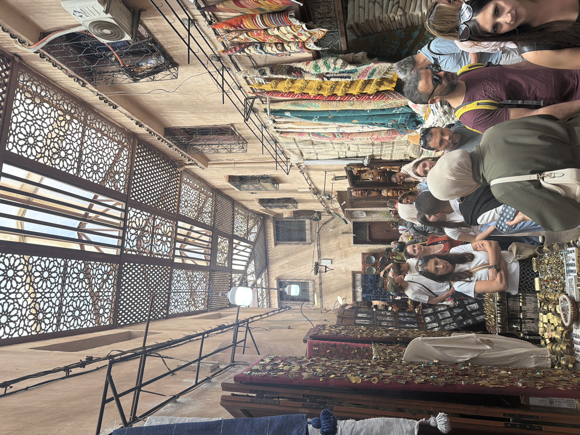 Traditional Moroccan souk displays crafts and ceramics in Marrakesh