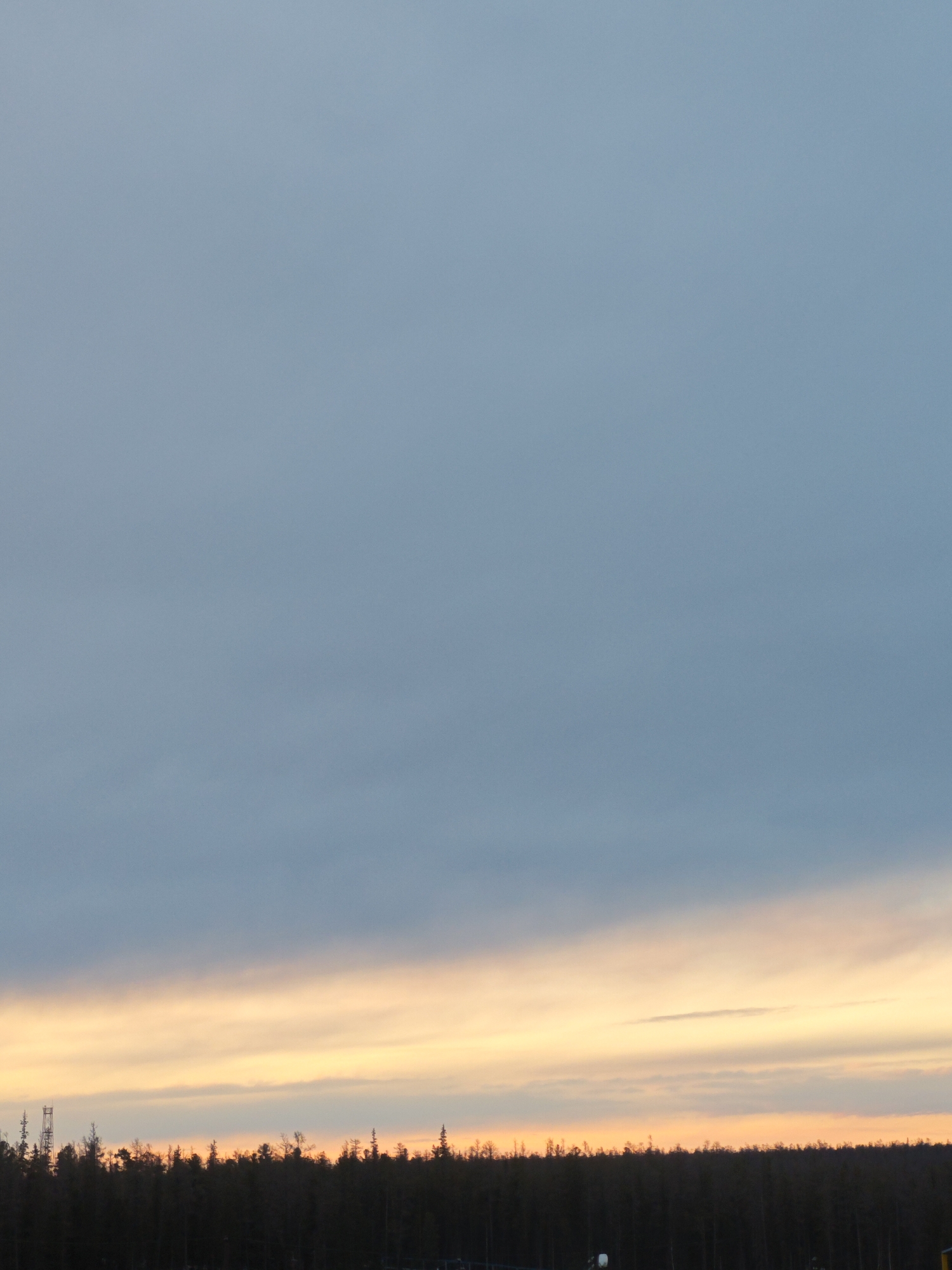 Sunset observed over Russian treeline displays blue-orange gradient