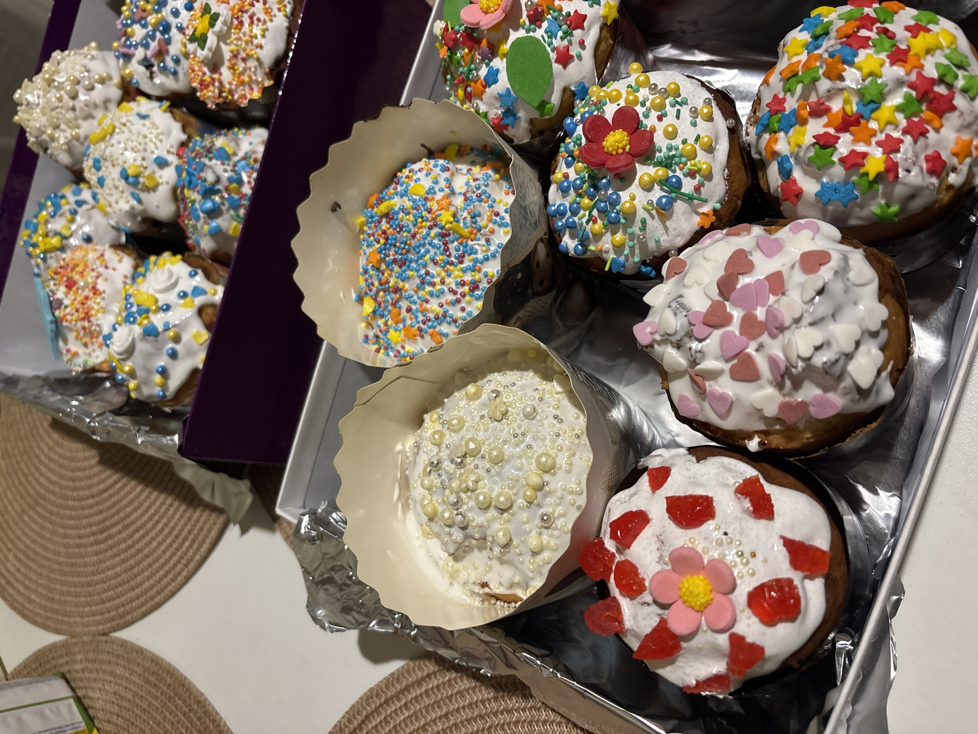 Easter cakes displayed in boxes in Pokotylivka, Ukraine