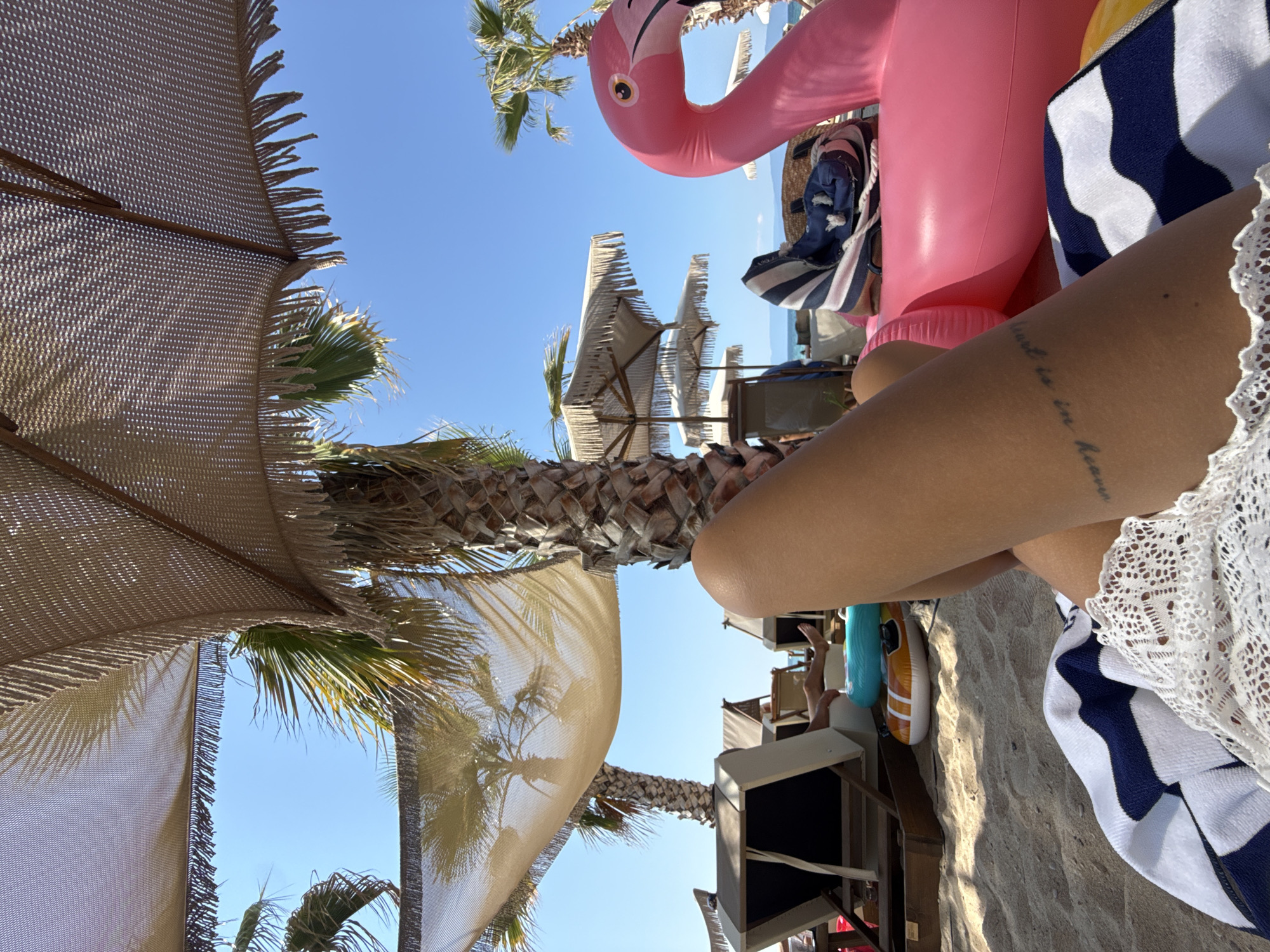 Relaxed morning at Ofrynio Beach under palm trees and umbrellas