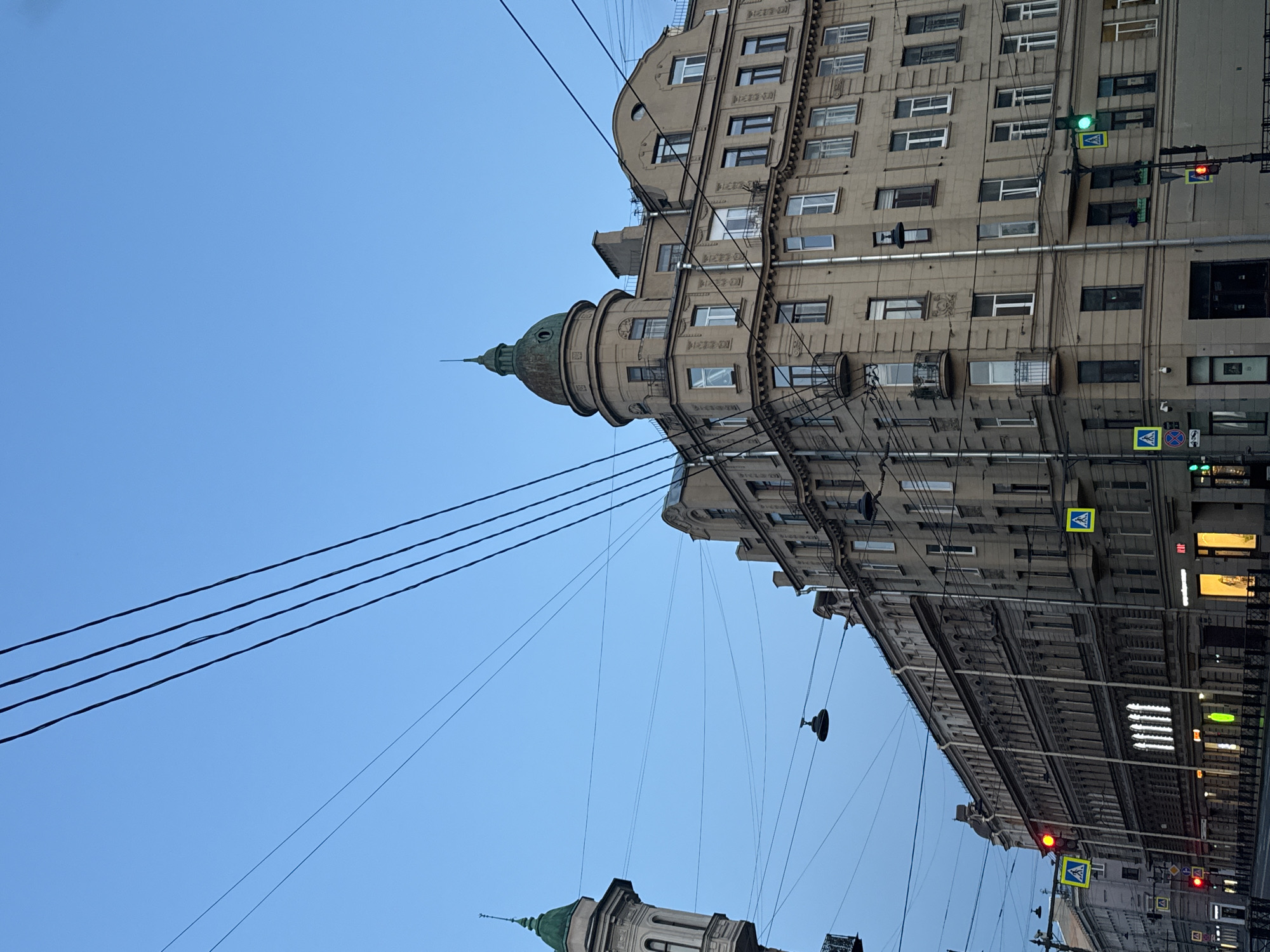 Saint Petersburg streets at twilight, wires and fading sky