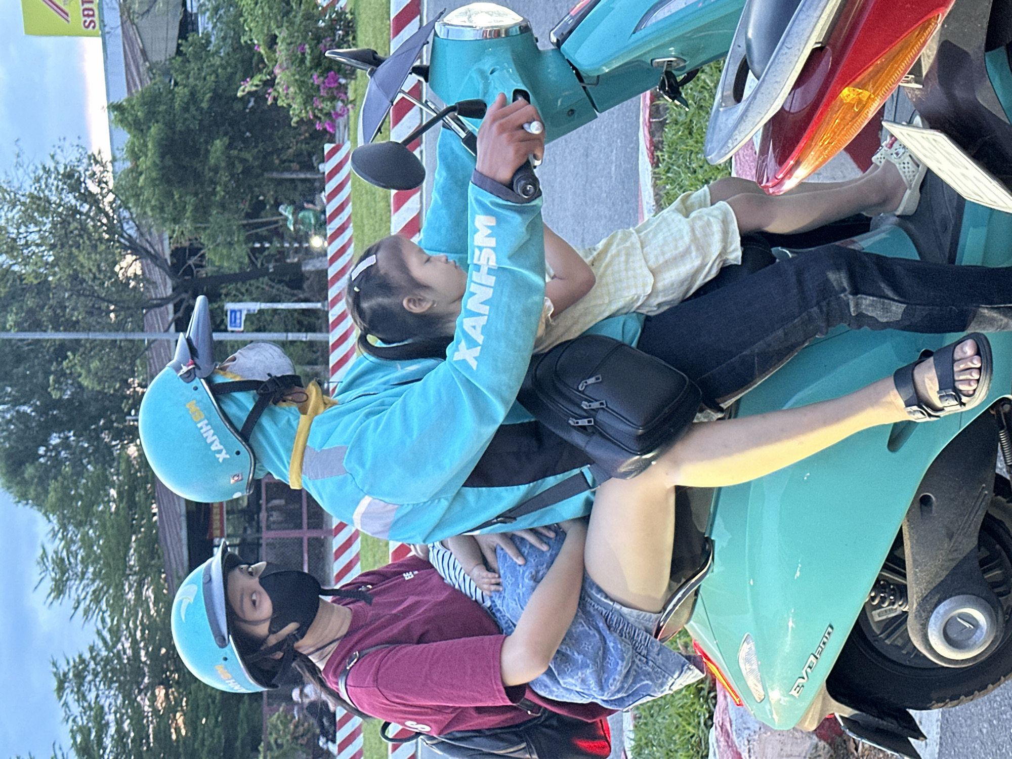 Midday motorbike traffic in Đà Nẵng, one bike hauling a tree